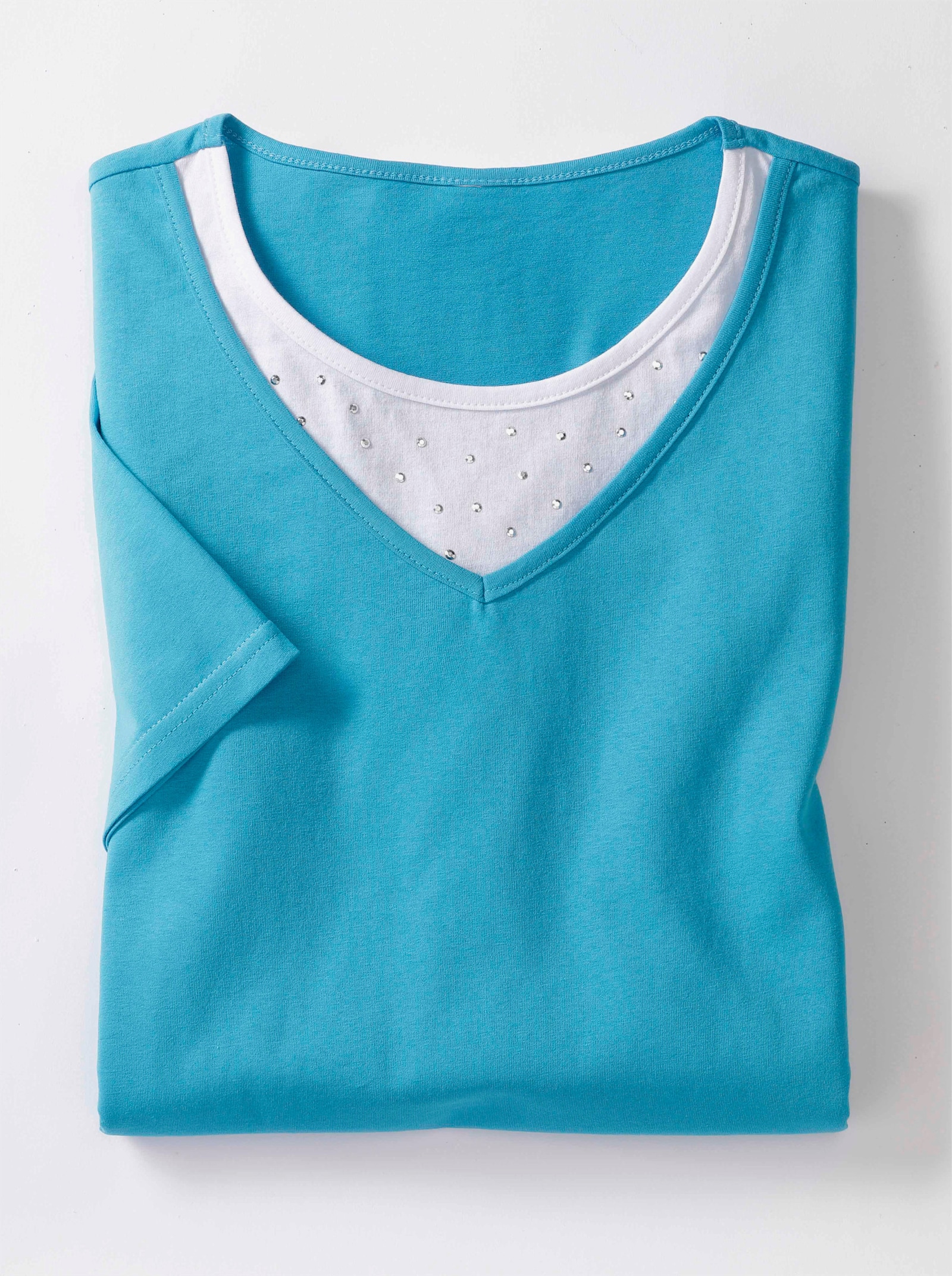 Kurzarmshirt mit Ziersteinchen - aqua