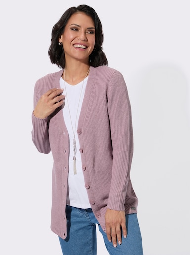 Longstrickjacke mit feiner Rippstruktur - mauve