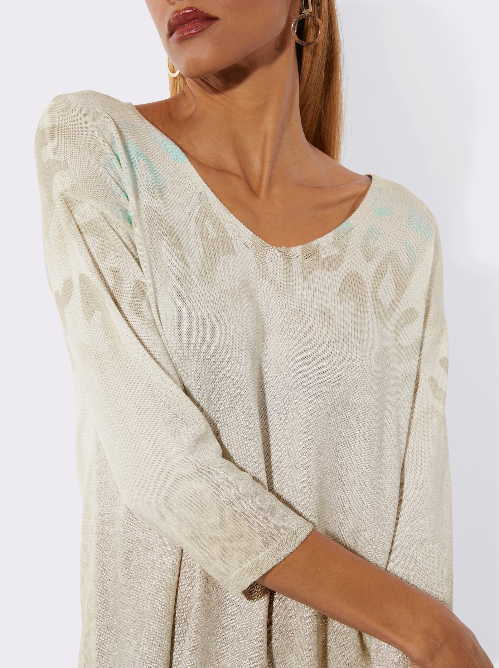 3/4 Arm-Pullover im Baumwoll-Modal-Mix - sesam-champagner-bedruckt