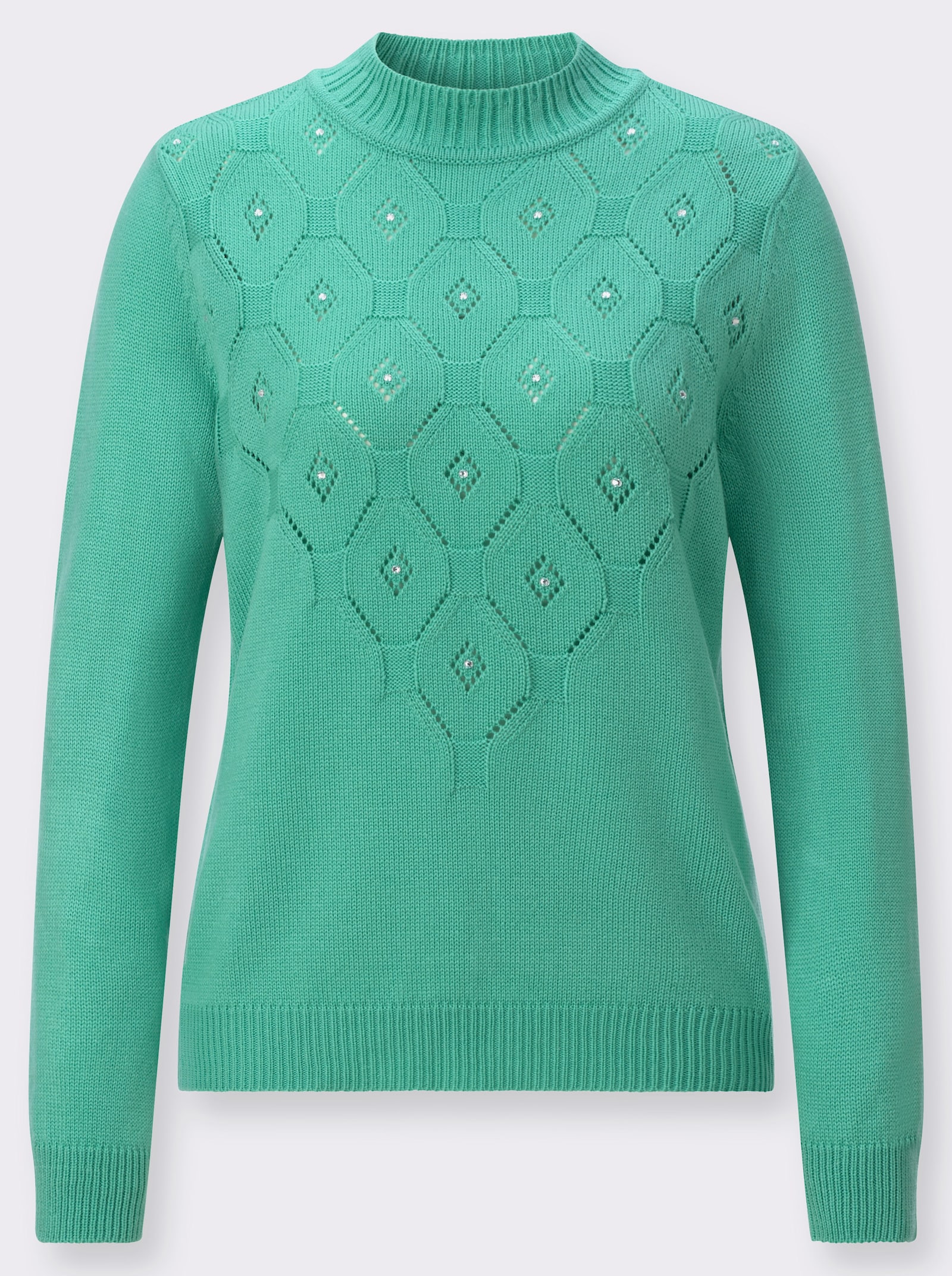 Stehkragenpullover mit Ajourmuster und Glitzersteinchen - blaugrün