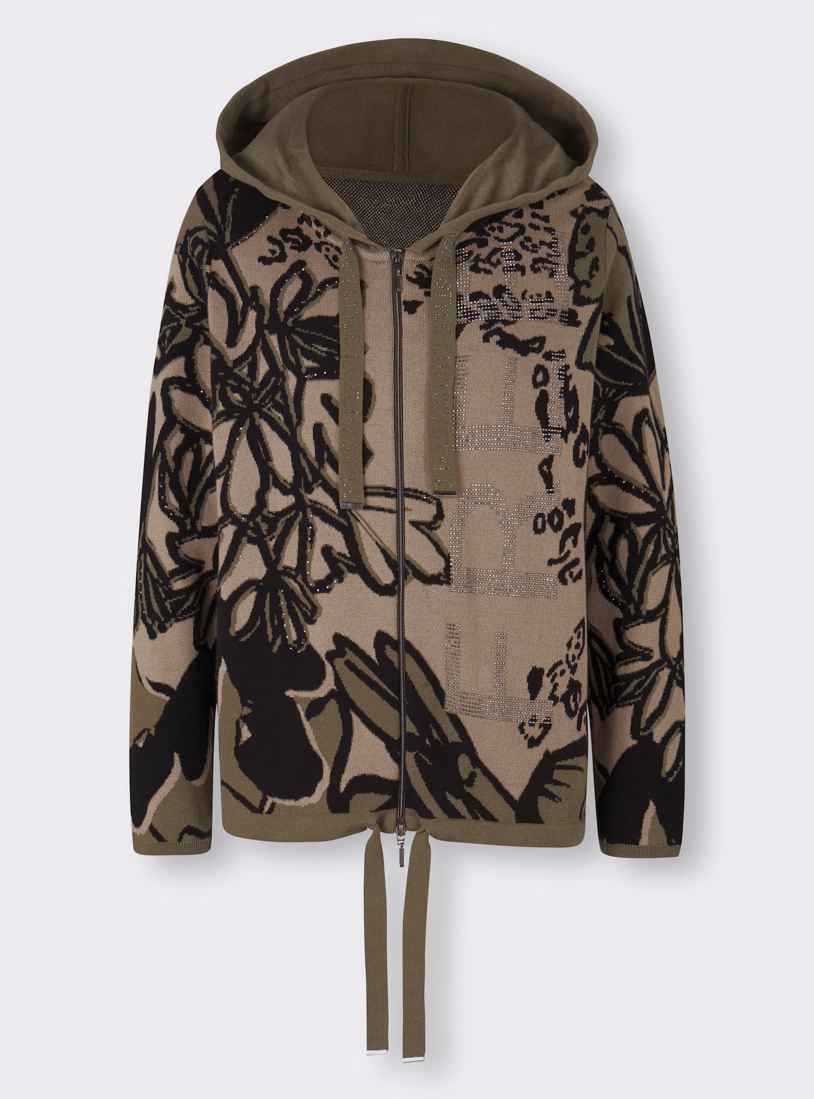 heine Jacquardstrickjacke mit weitenverstellbarer Kapuze - khaki-schlamm-gemustert