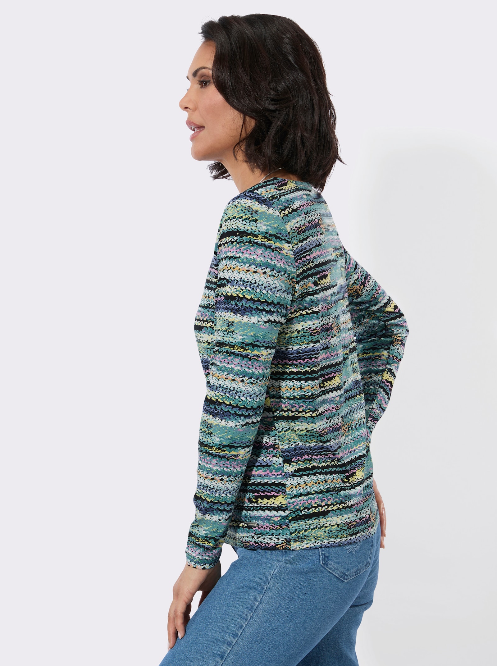 Rundhalsshirt - orchidee-rauchblau-bedruckt