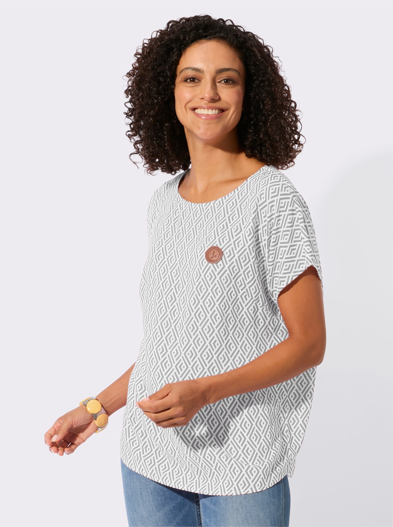 Druckbluse aus reiner Viskose - ecru-steingrau-bedruckt