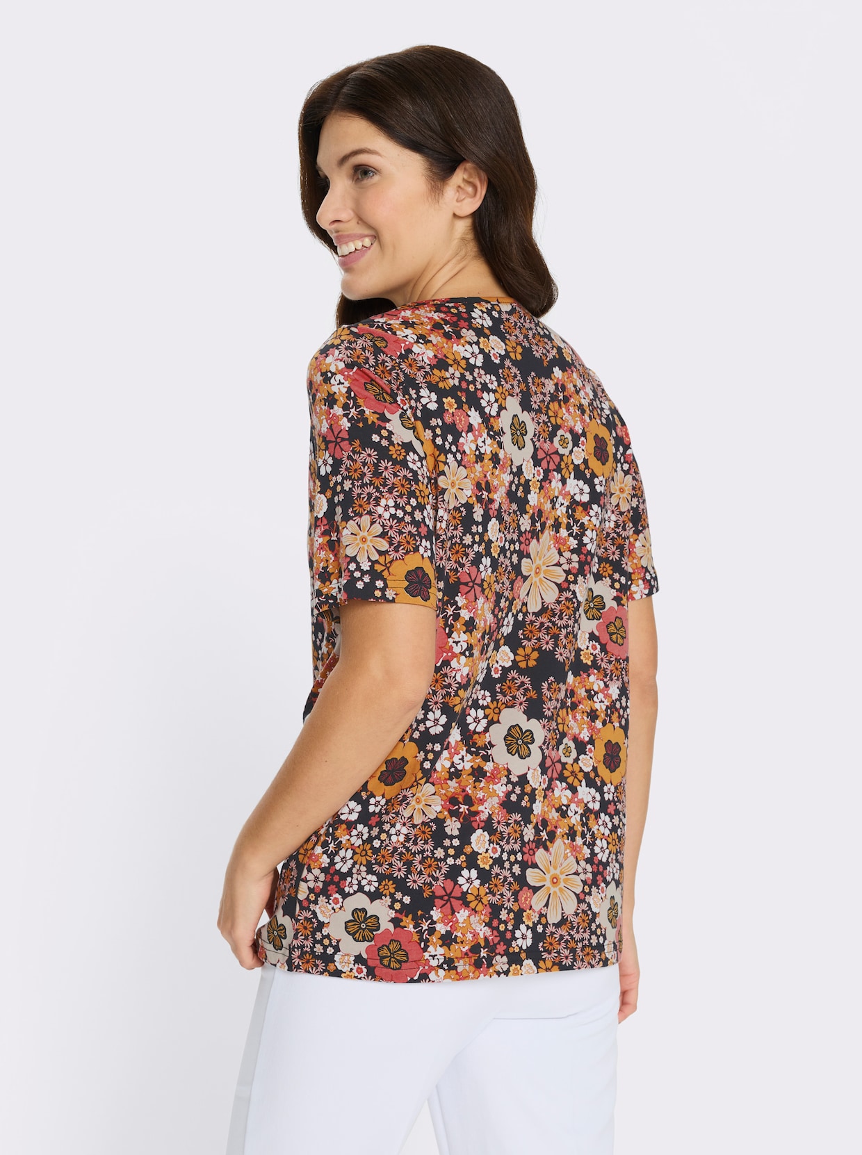 2-in-1-Shirt mit floralem Muster - schwarz-papaya-bedruckt