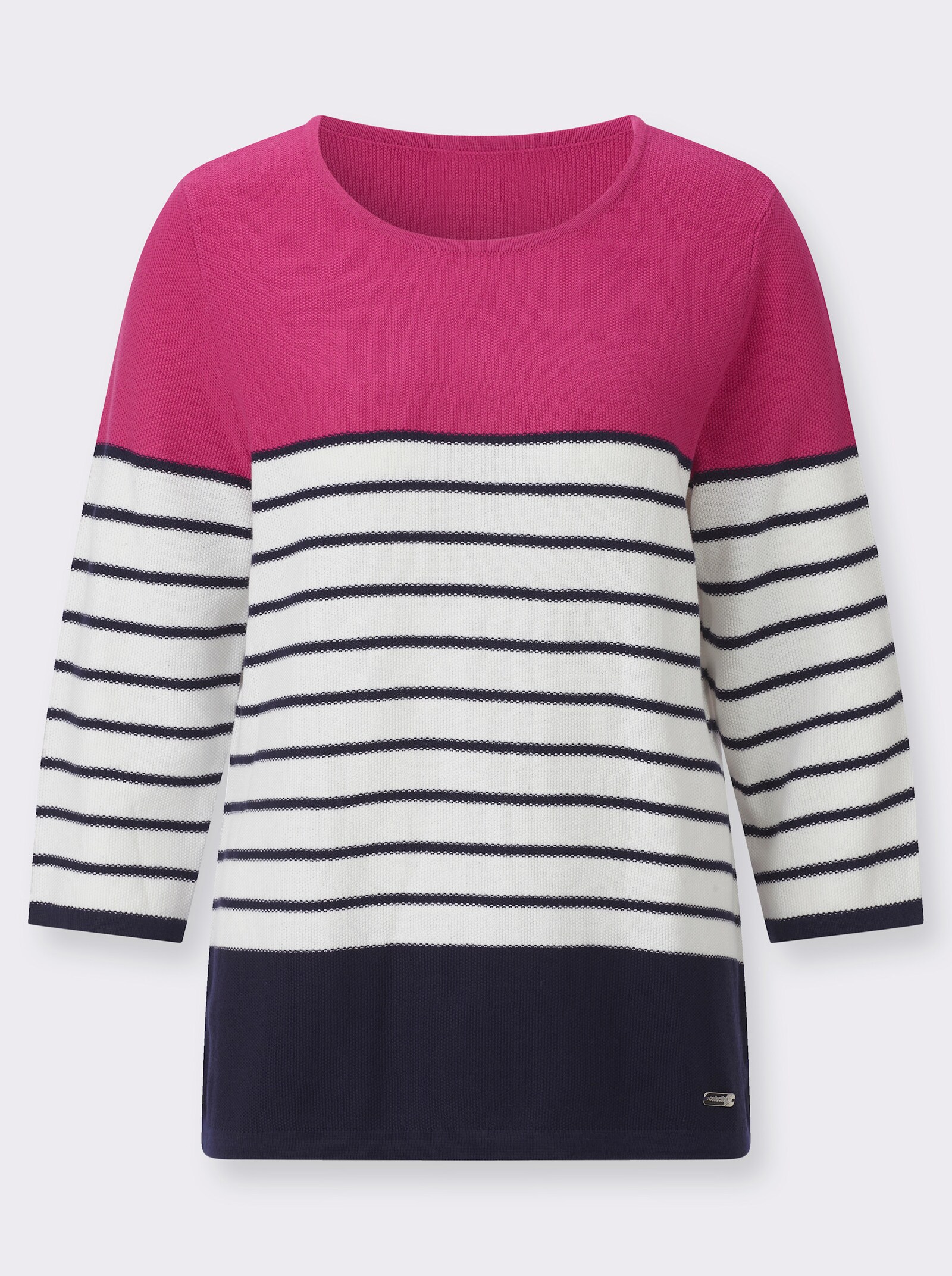 Rundhalspullover mit 3/4-Ärmeln - fuchsia-marine-geringelt