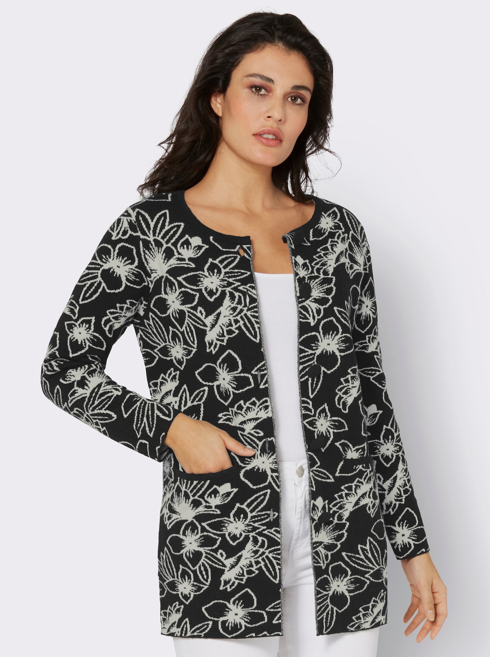 Jacquardstrickjacke mit Blüten-Jacquard-Muster - schwarz-champagner-gemustert