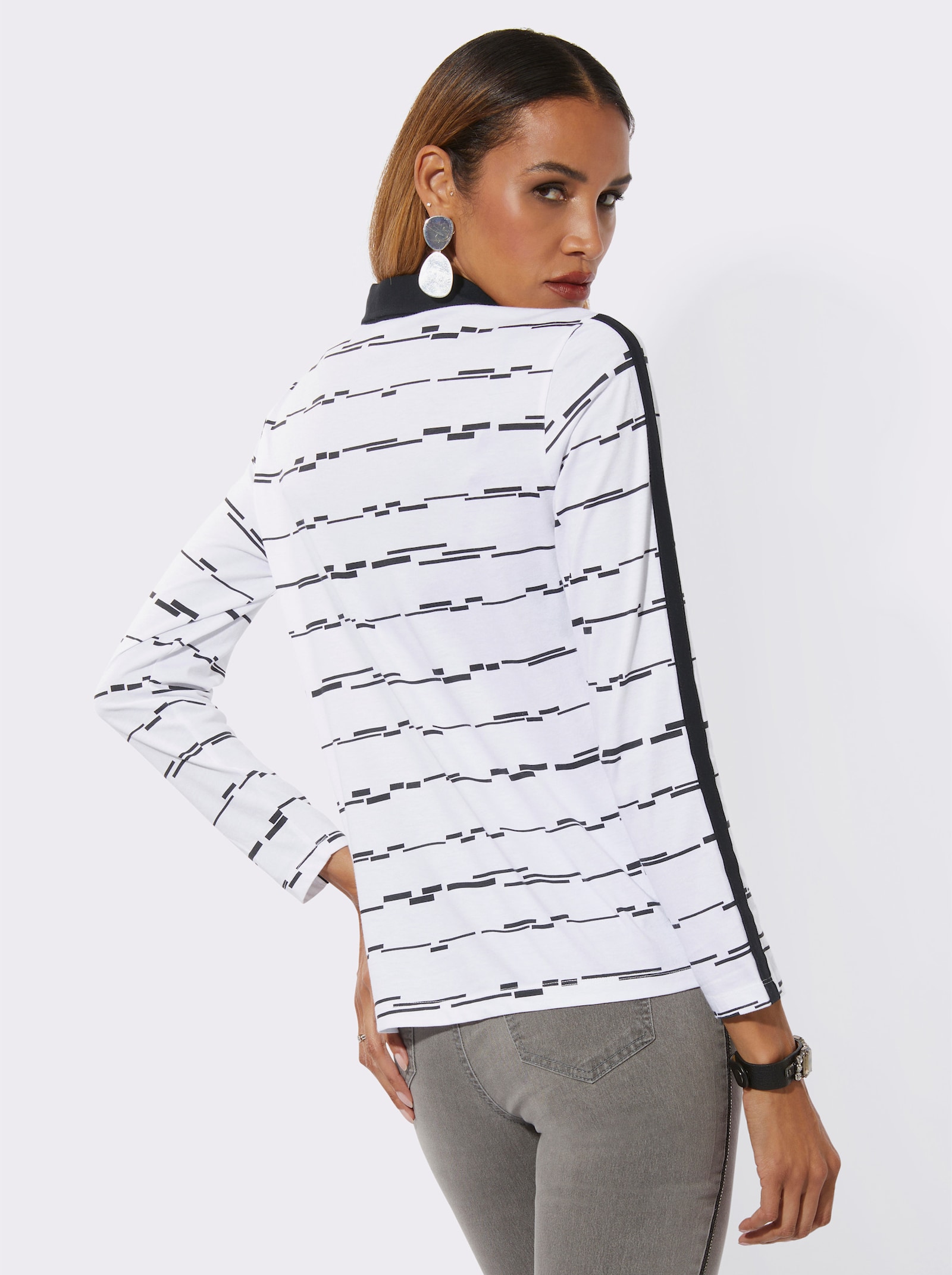 Poloshirt mit glänzenden Ziersteinchen - weiß-schwarz-geringelt