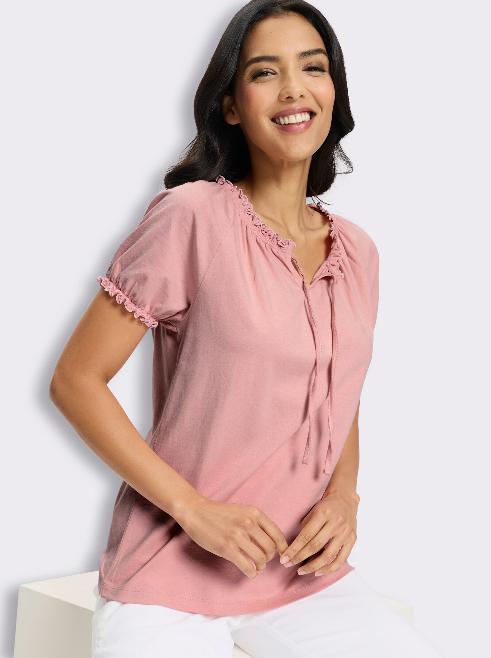 Trachtenshirt mit Rüschen und Bindeband - rosenquarz