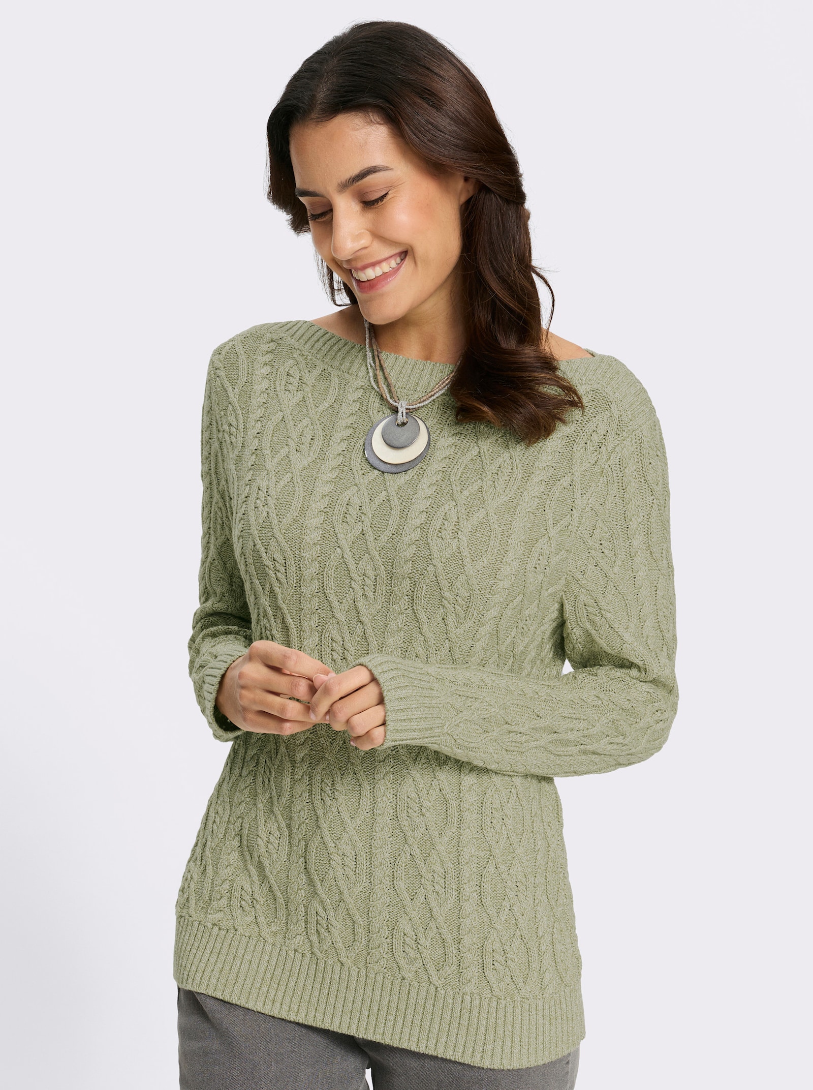 Strickpullover mit aufwendigem Zopfmuster - schilf-meliert