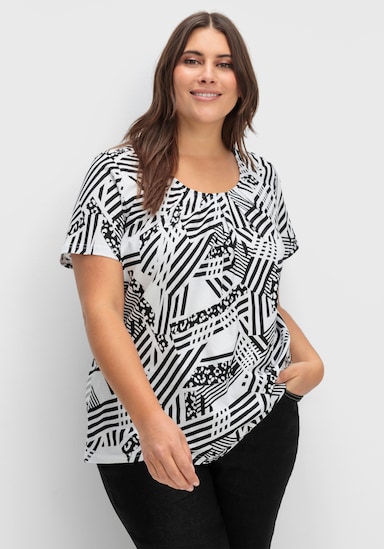 Longshirt in A-Form mit Falten - weiß-gemustert