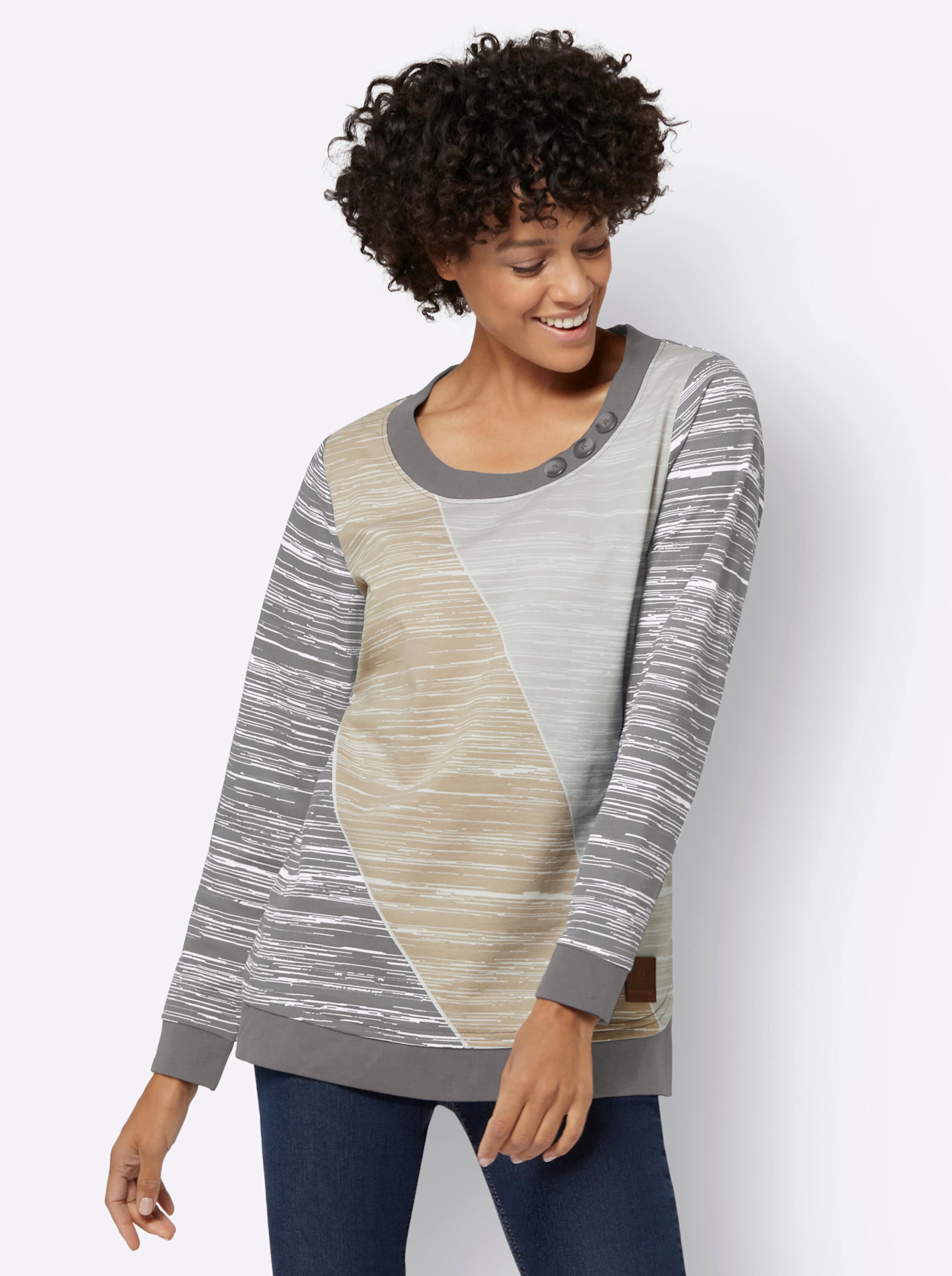 Witt Damen Sweatshirt, grau-ecru-bedruckt