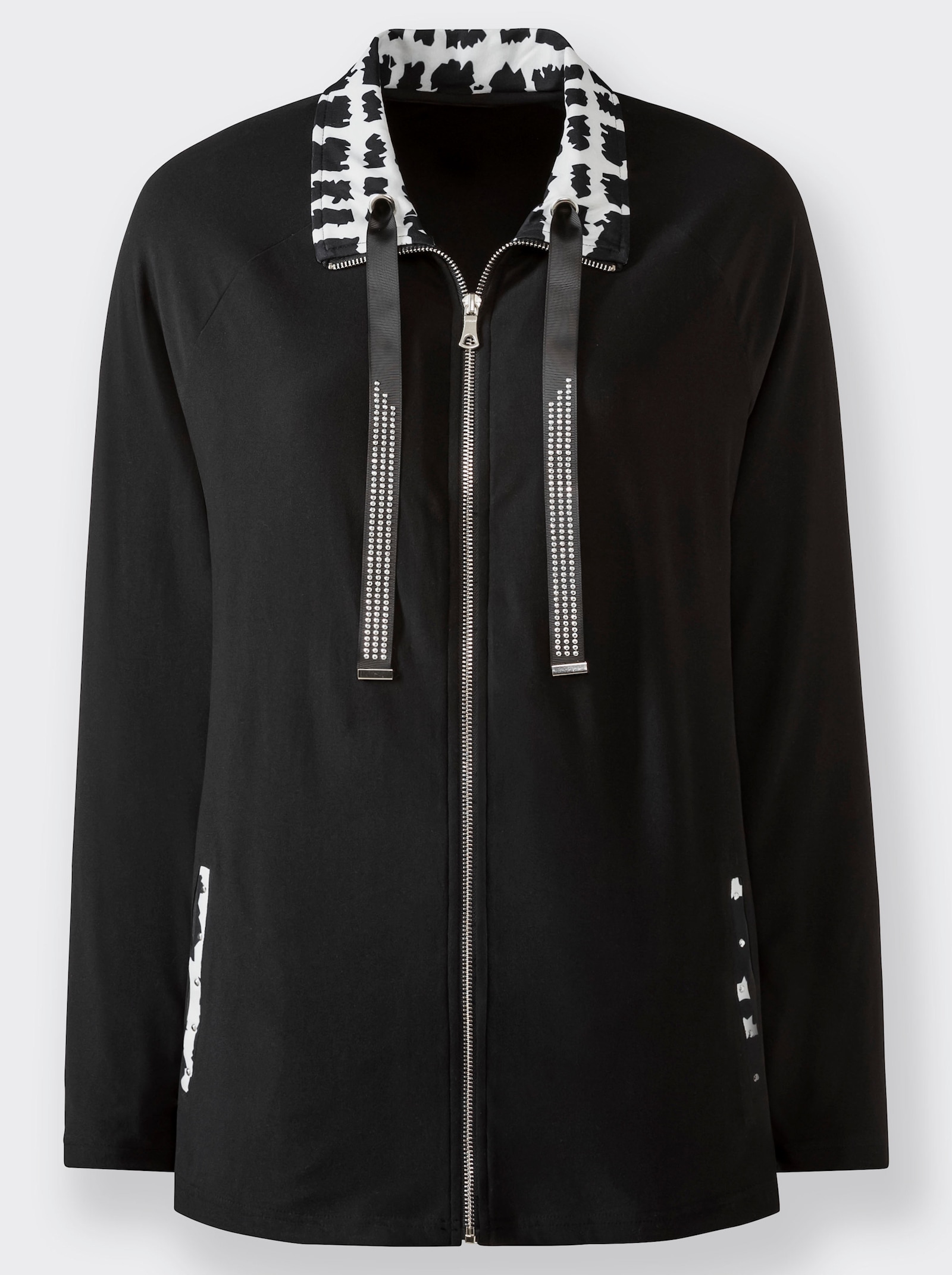 Shirtjacke mit Glitzersteinchen - schwarz-ecru-gemustert