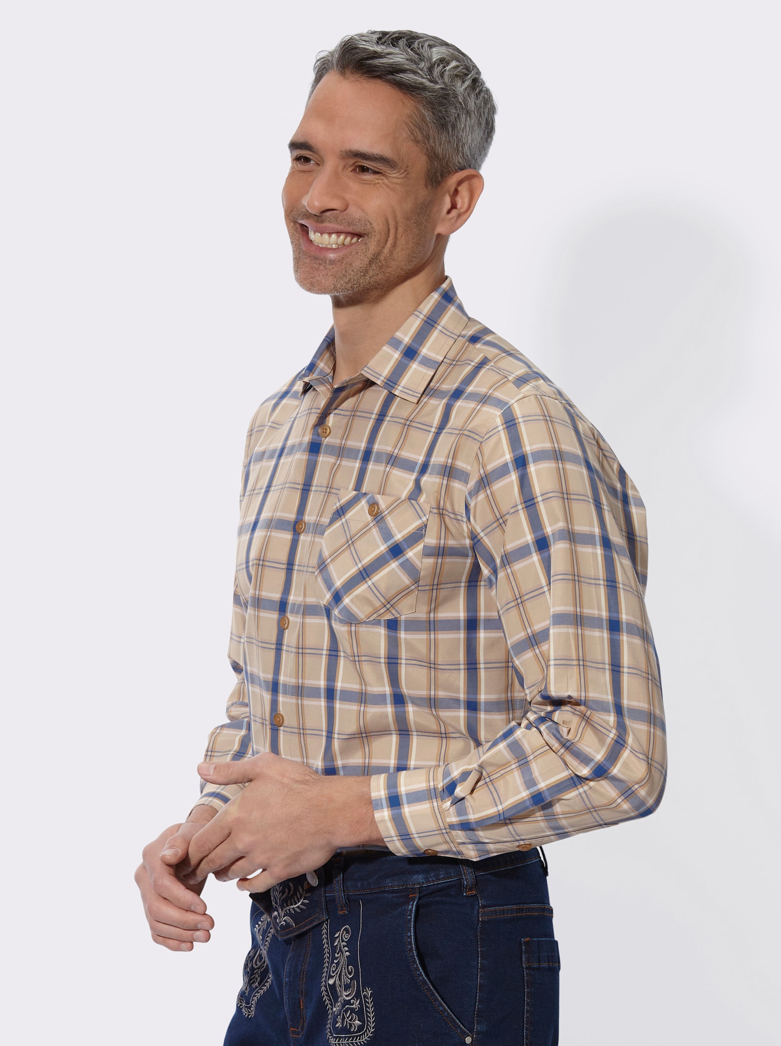 Karohemd in Baumwoll-Mischung - beige-jeansblau-kariert