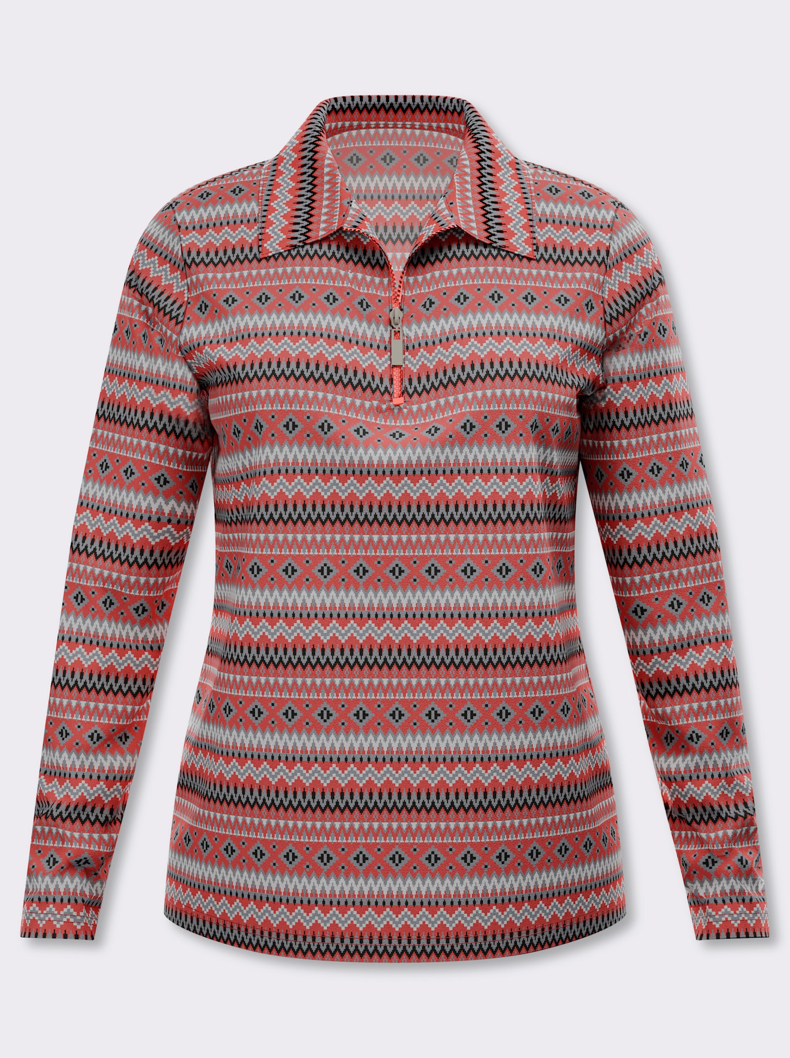 Langarmshirt mit Polokragen - grapefruit-ecru-bedruckt