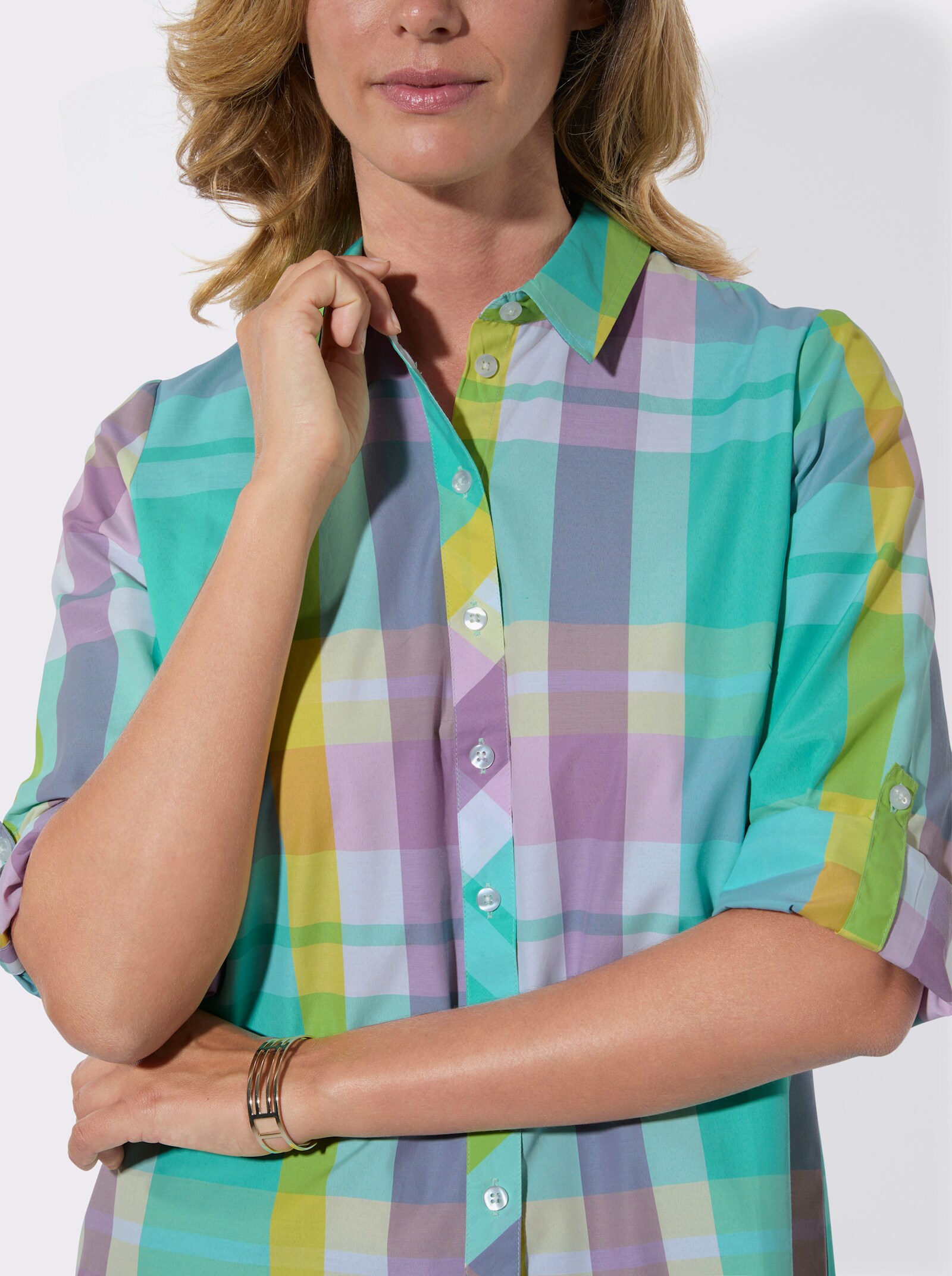 Karobluse mit Krempelärmeln - orchidee-blaugrün-kariert