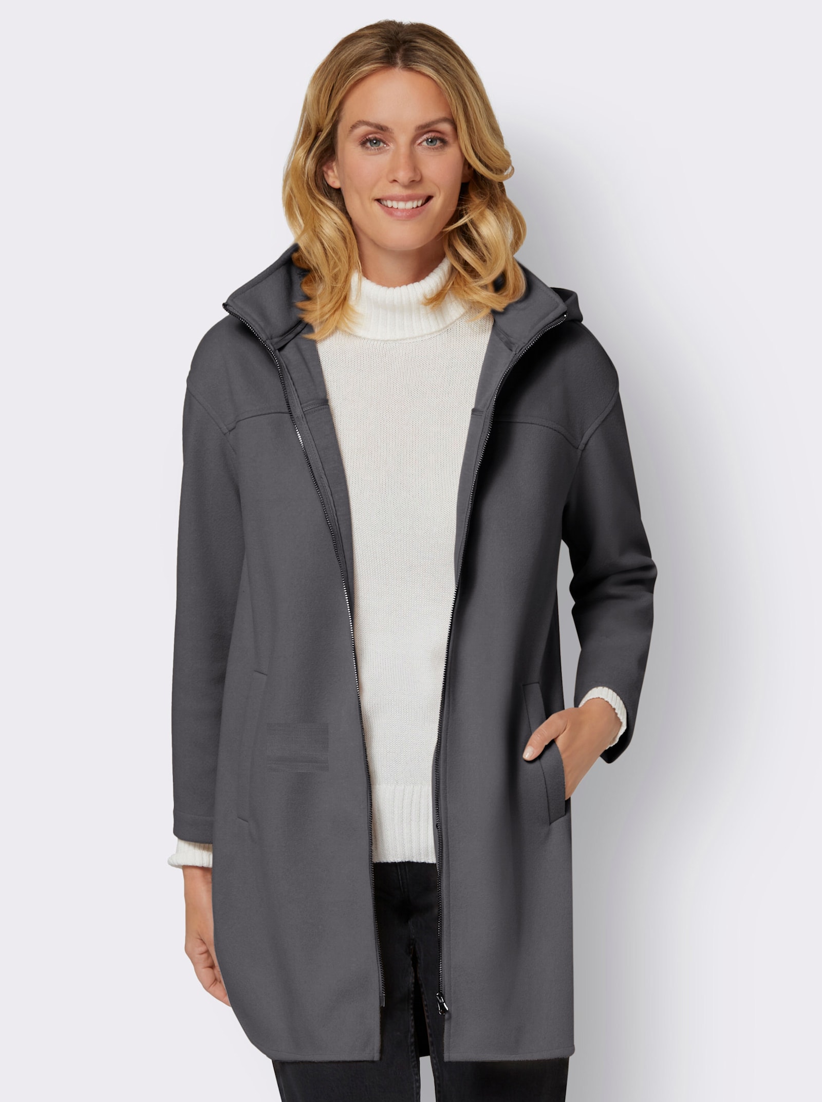 Lang jack met capuchon en zijsplitten - antraciet