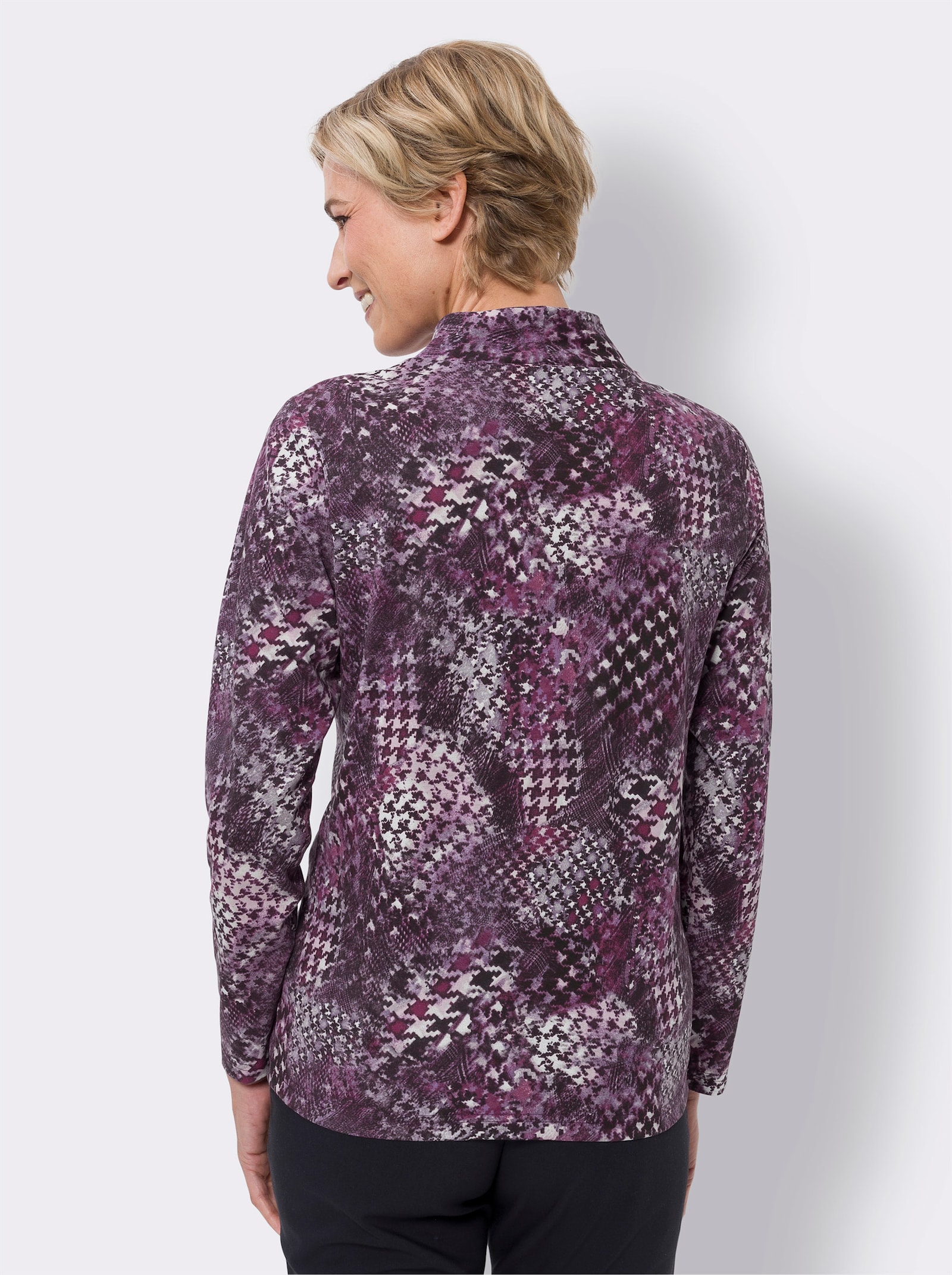 Stehkragenshirt mit Hahnentritt-Muster - bordeaux-schwarz-bedruckt