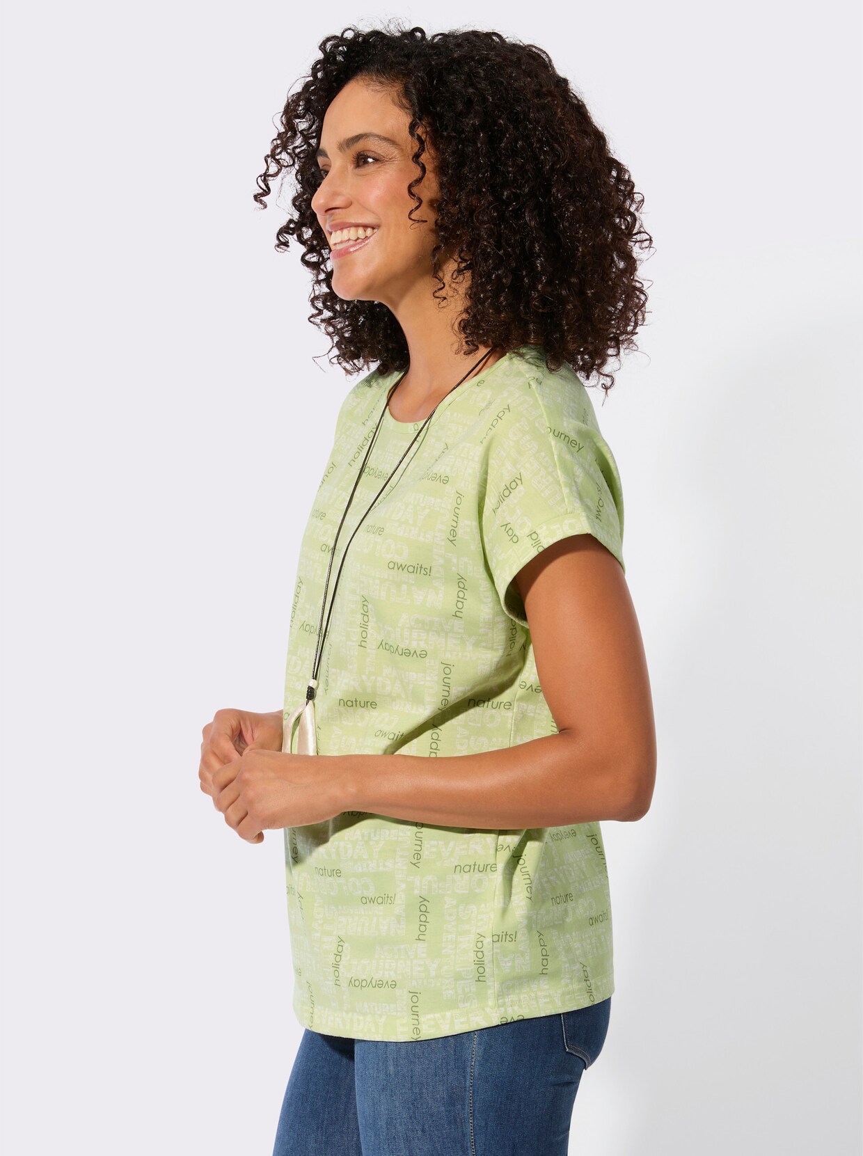 Print-Shirt mit überschnittenen Schultern - pistazie-ecru-bedruckt