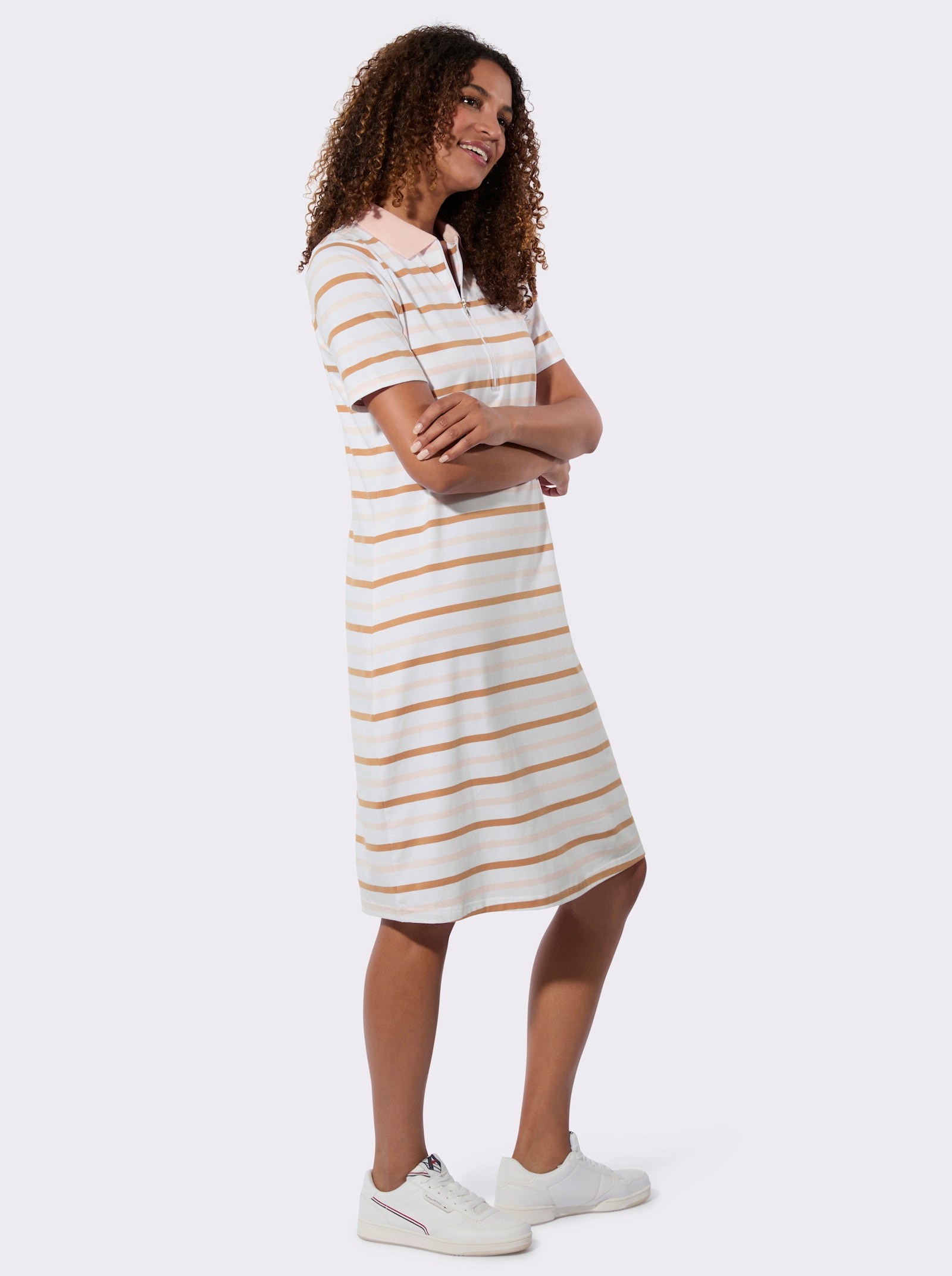 Polokleid im garngefärbten Ringel-Dessin - hellrosé-camel-geringelt