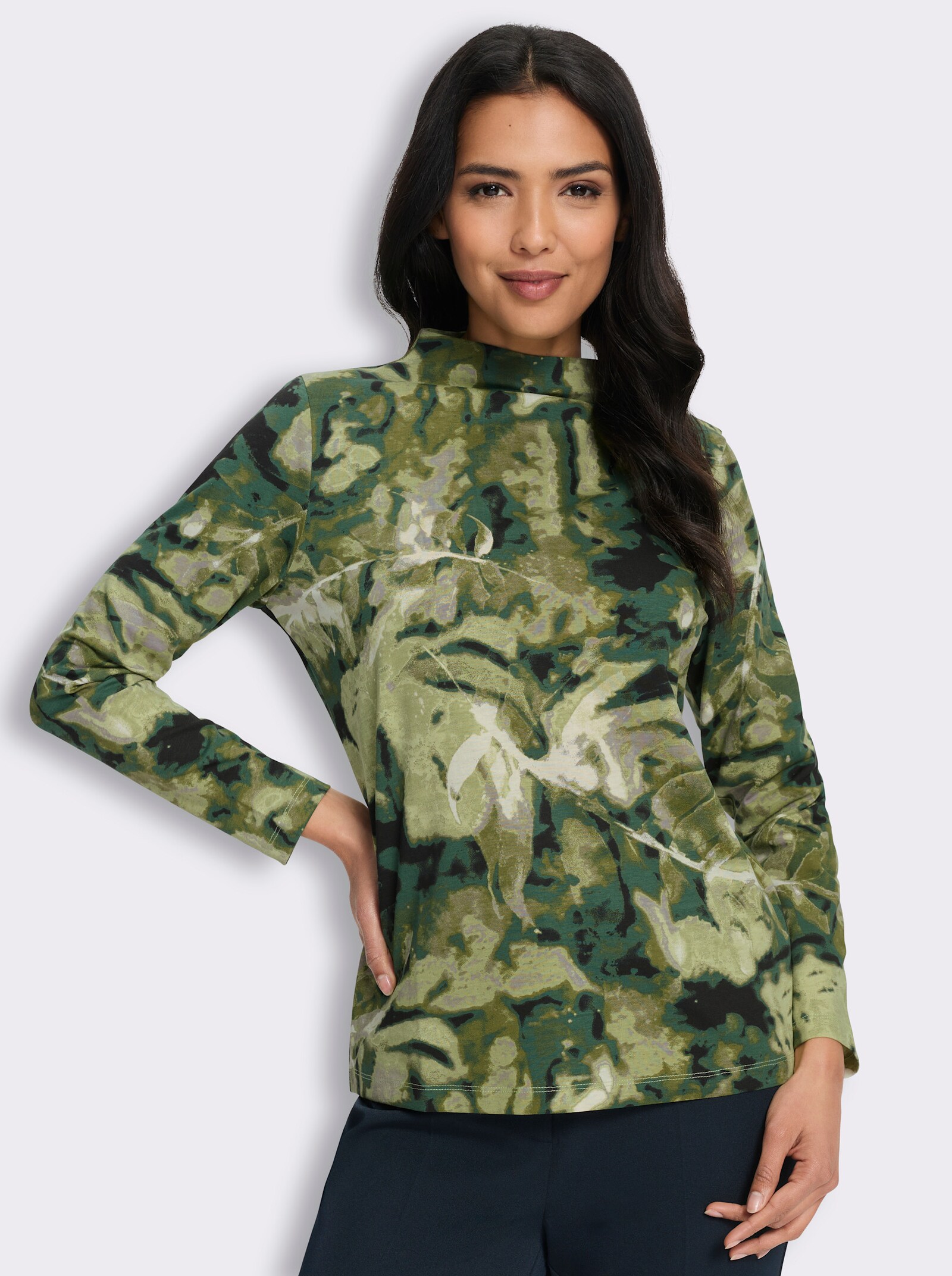  Langarmshirt mit Kelchkragen - lindgrün-moos-bedruckt