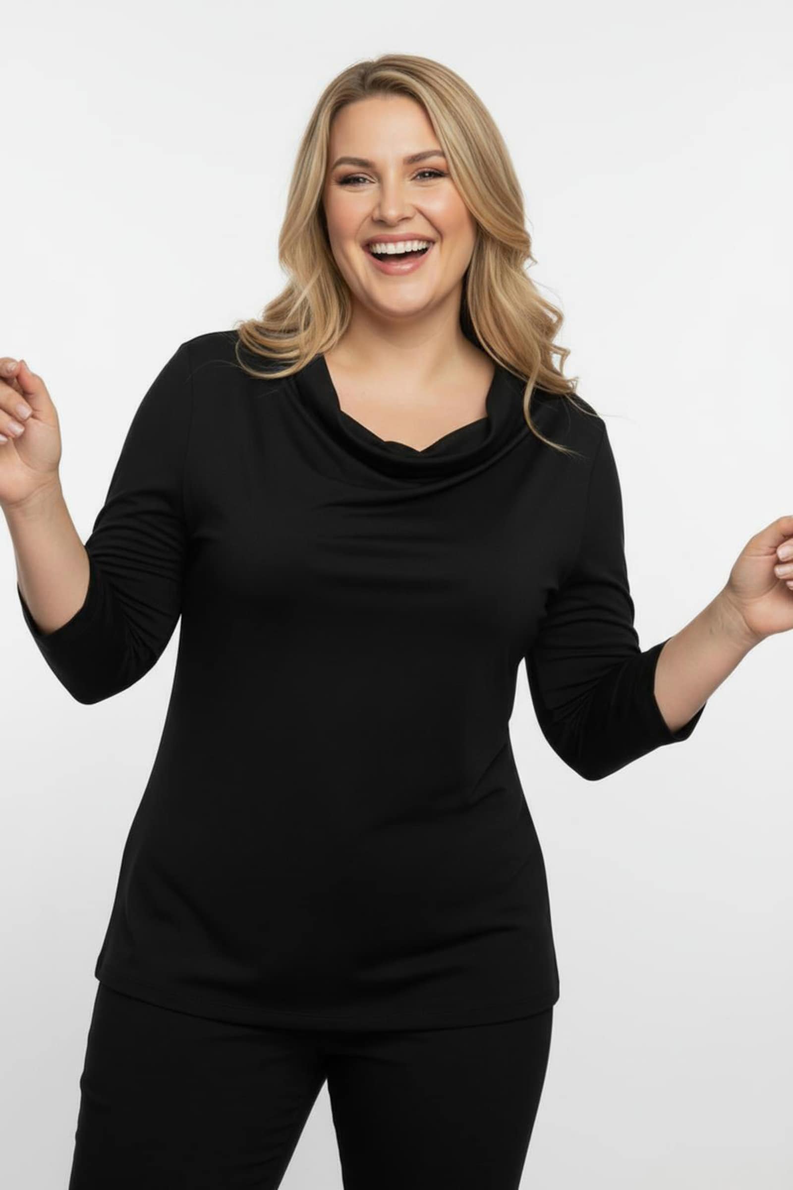 Wasserfallshirt mit 3/4-langen Ärmeln - schwarz