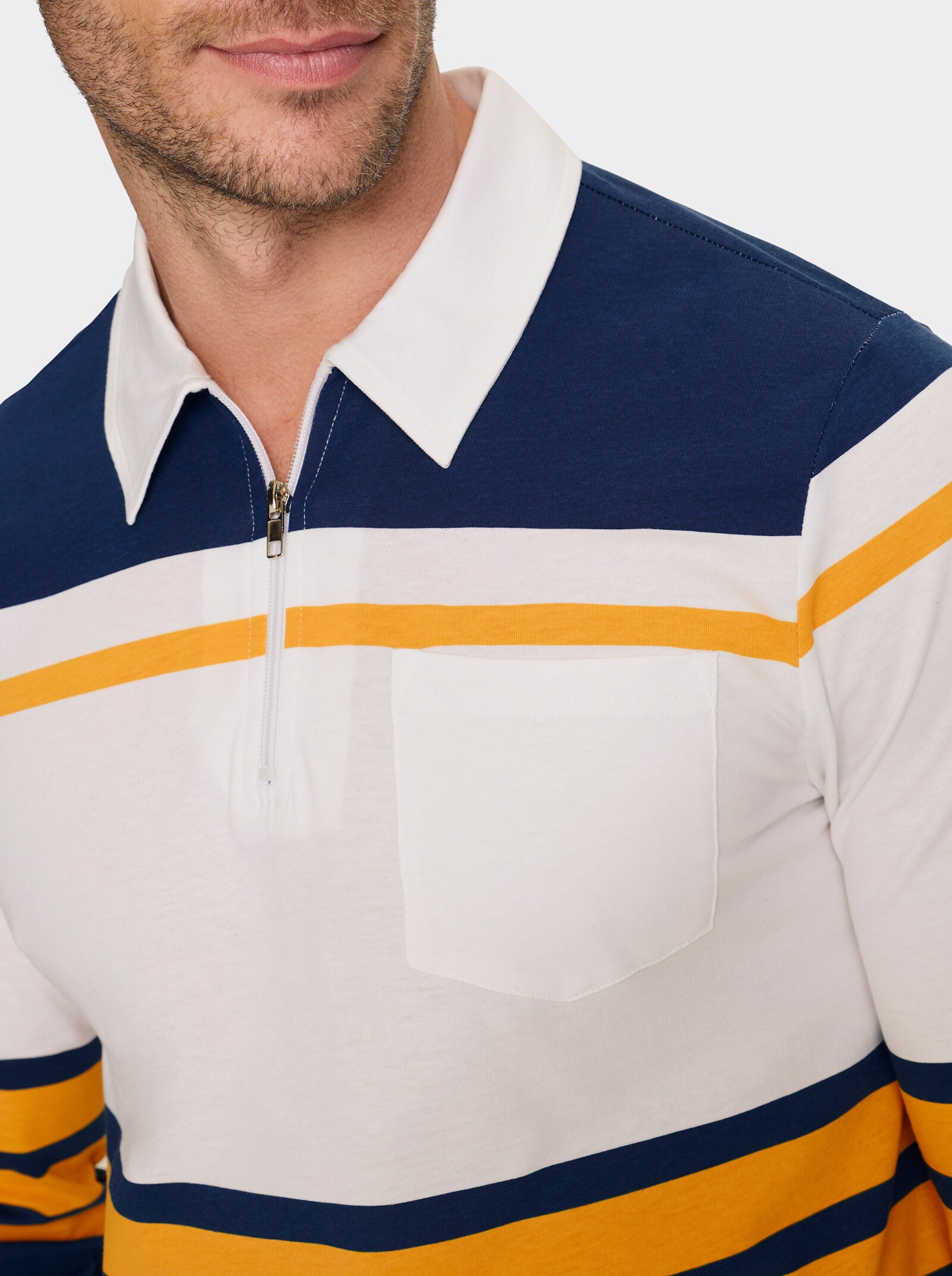 Catamaran Langarmshirt mit kurzem Reißverschluss - dunkelblau-ocker-gestreift