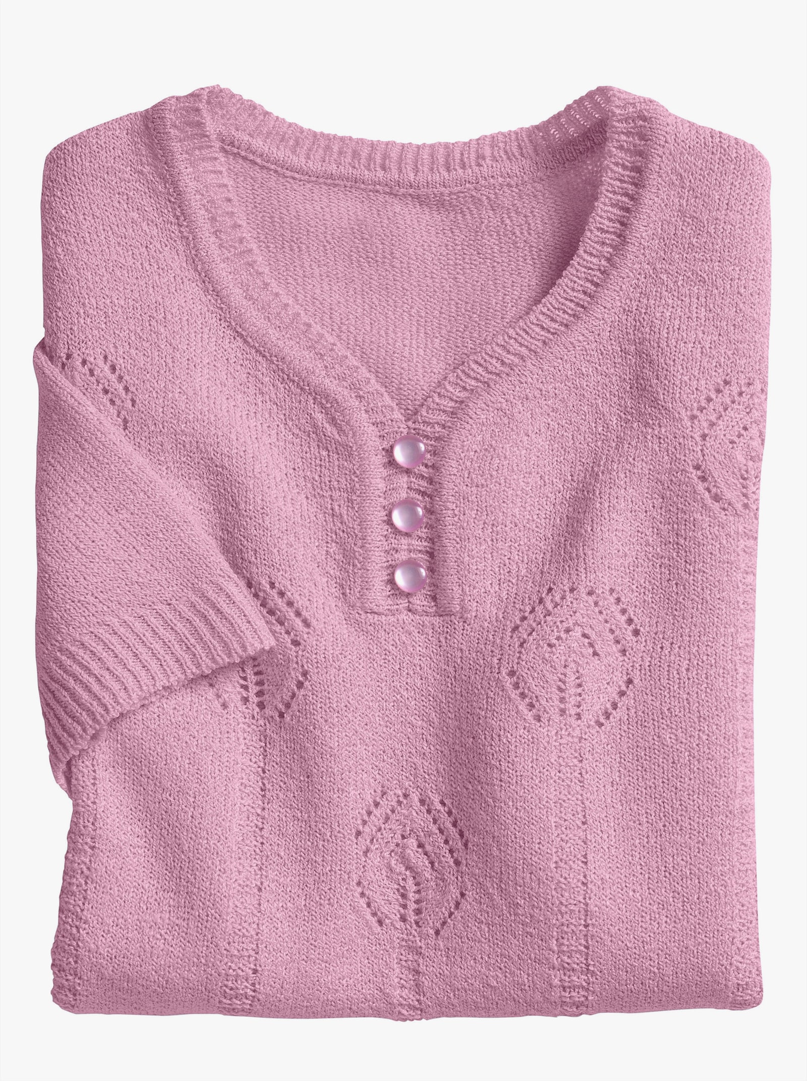V-Ausschnitt-Pullover mit Ajour-Strickmuster - rosé