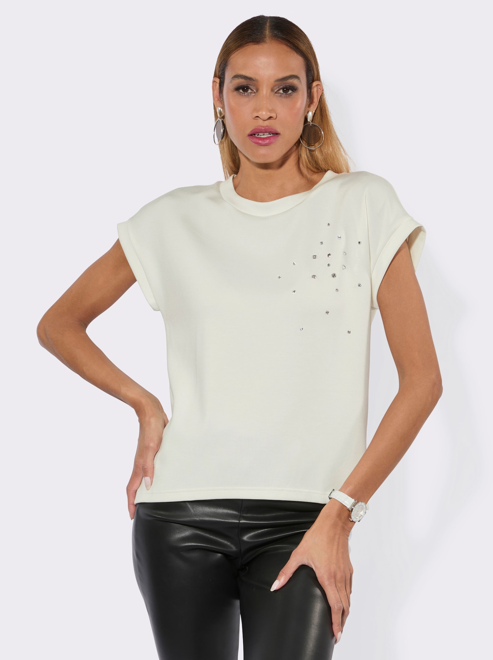 Sweatshirt mit Glitzersteinchen-Verzierung - ecru