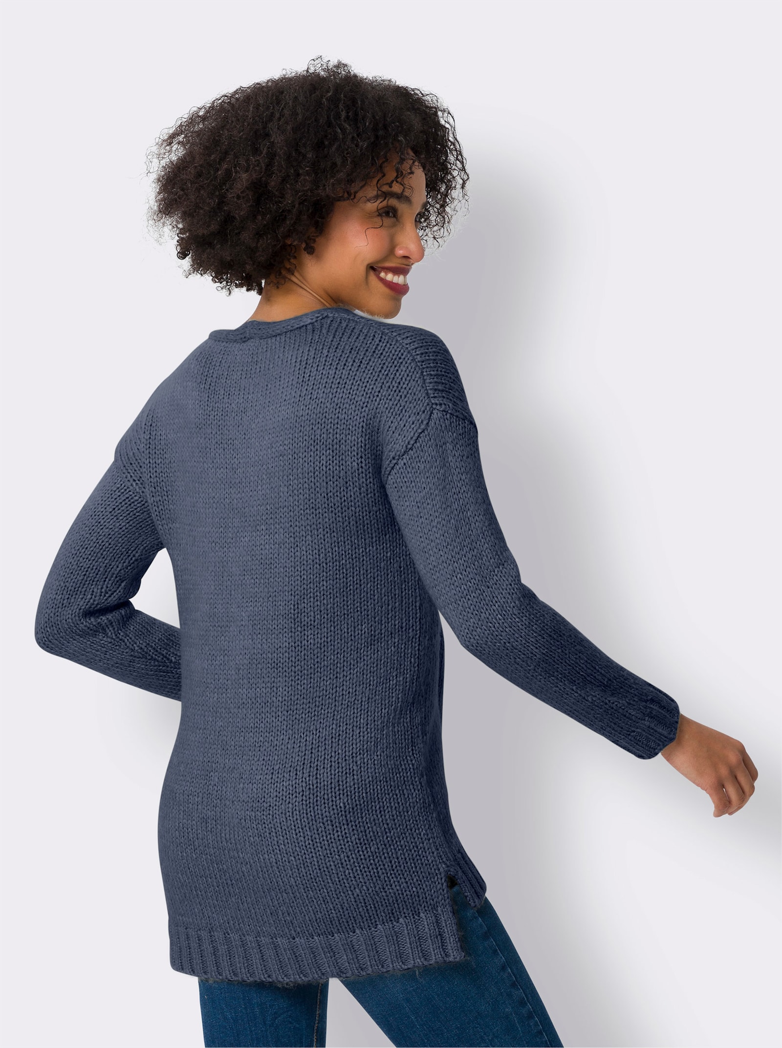 heine V-Ausschnitt-Pullover mit Seitenschlitzen - rauchblau-meliert