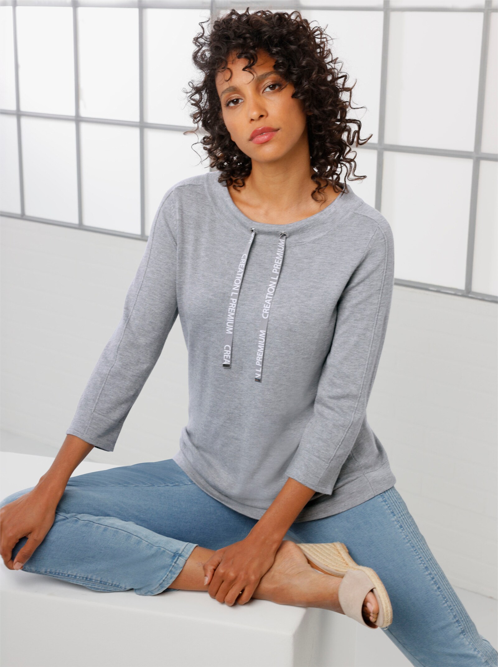 CREATION L PREMIUM Rundhalspullover mit Tunnelzug - steingrau-meliert