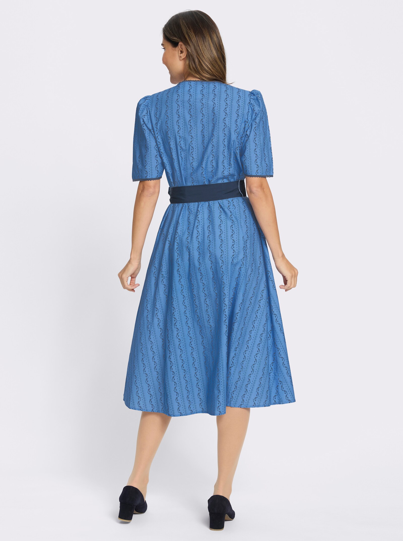 Trachtenkleid mit Bindegürtel - mittelblau-dunkelblau-bedruckt