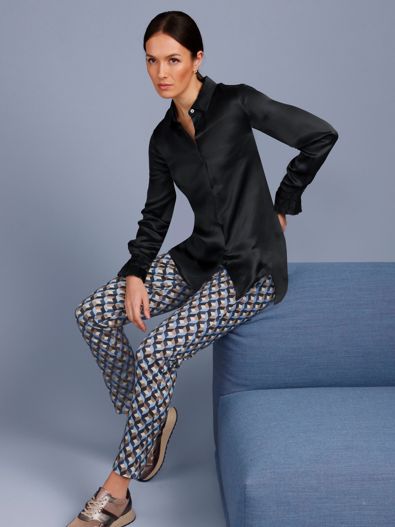 CREATION L PREMIUM Hose in verkürzter Form - bleu-taupe-bedruckt