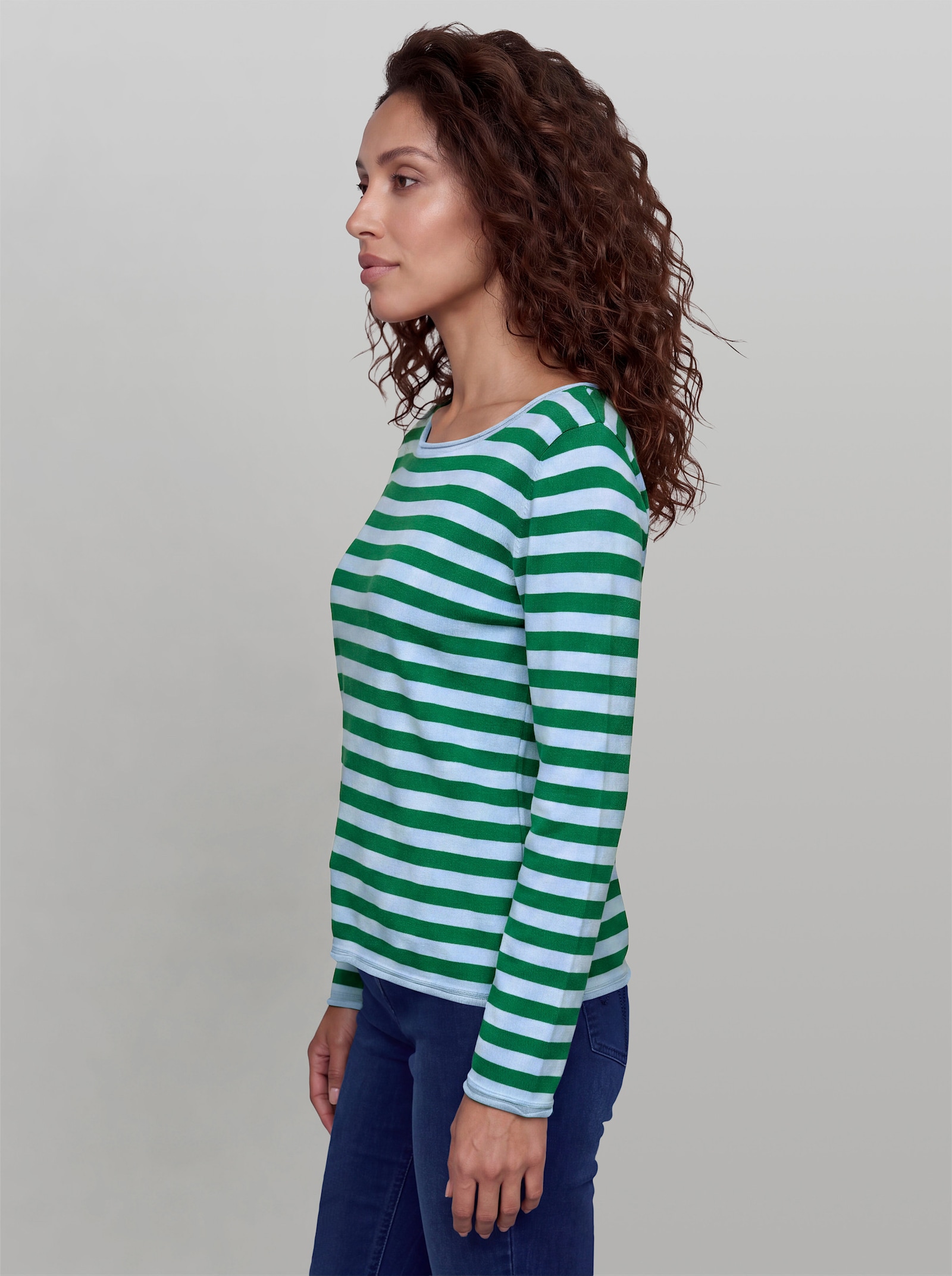 heine Feinstrickpullover mit Rollbündchen - grün-hellblau-geringelt