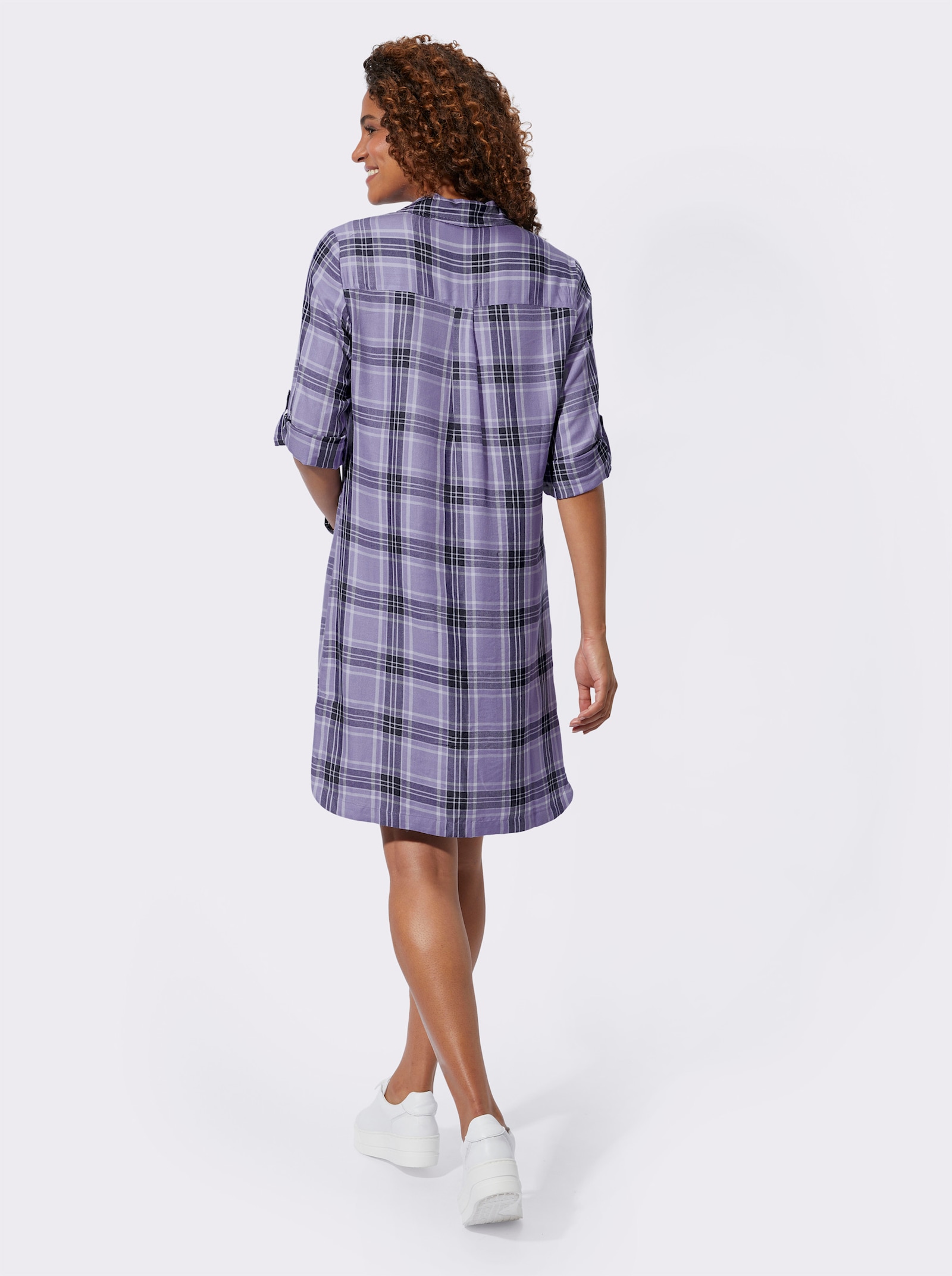 Geruite jurk met opstroopbare mouwen - lavendel/marine geruit