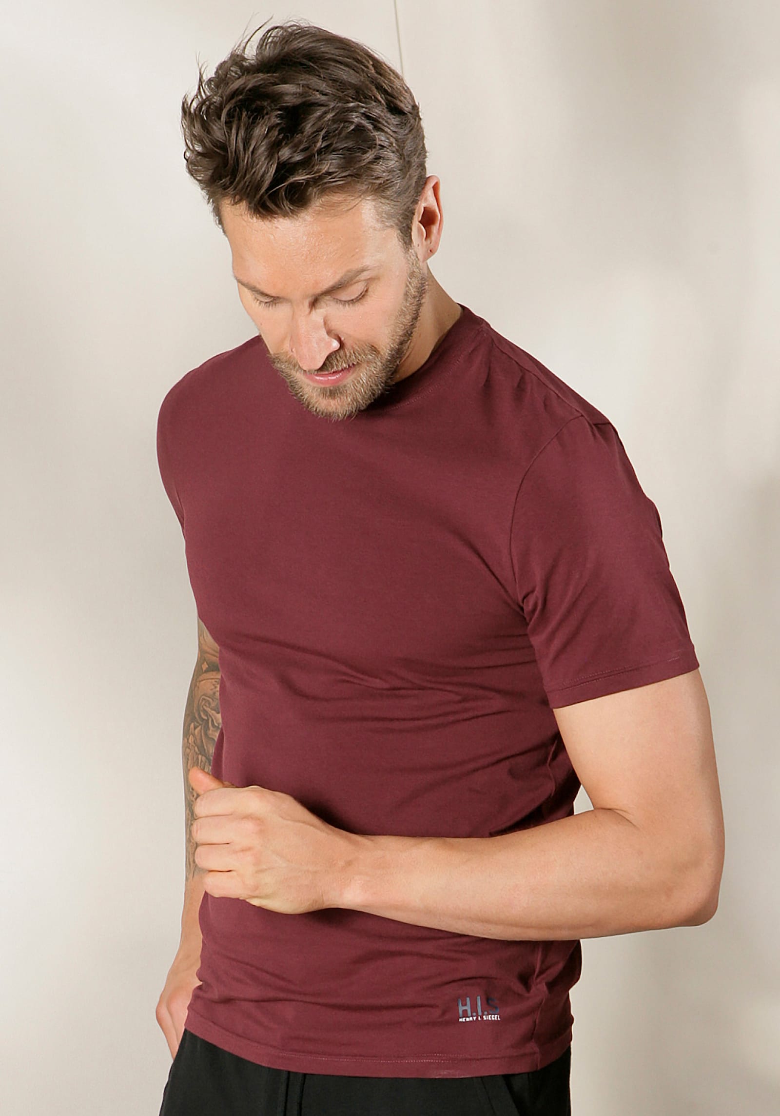 H.I.S T-Shirt - bordeaux, schwarz, weiß