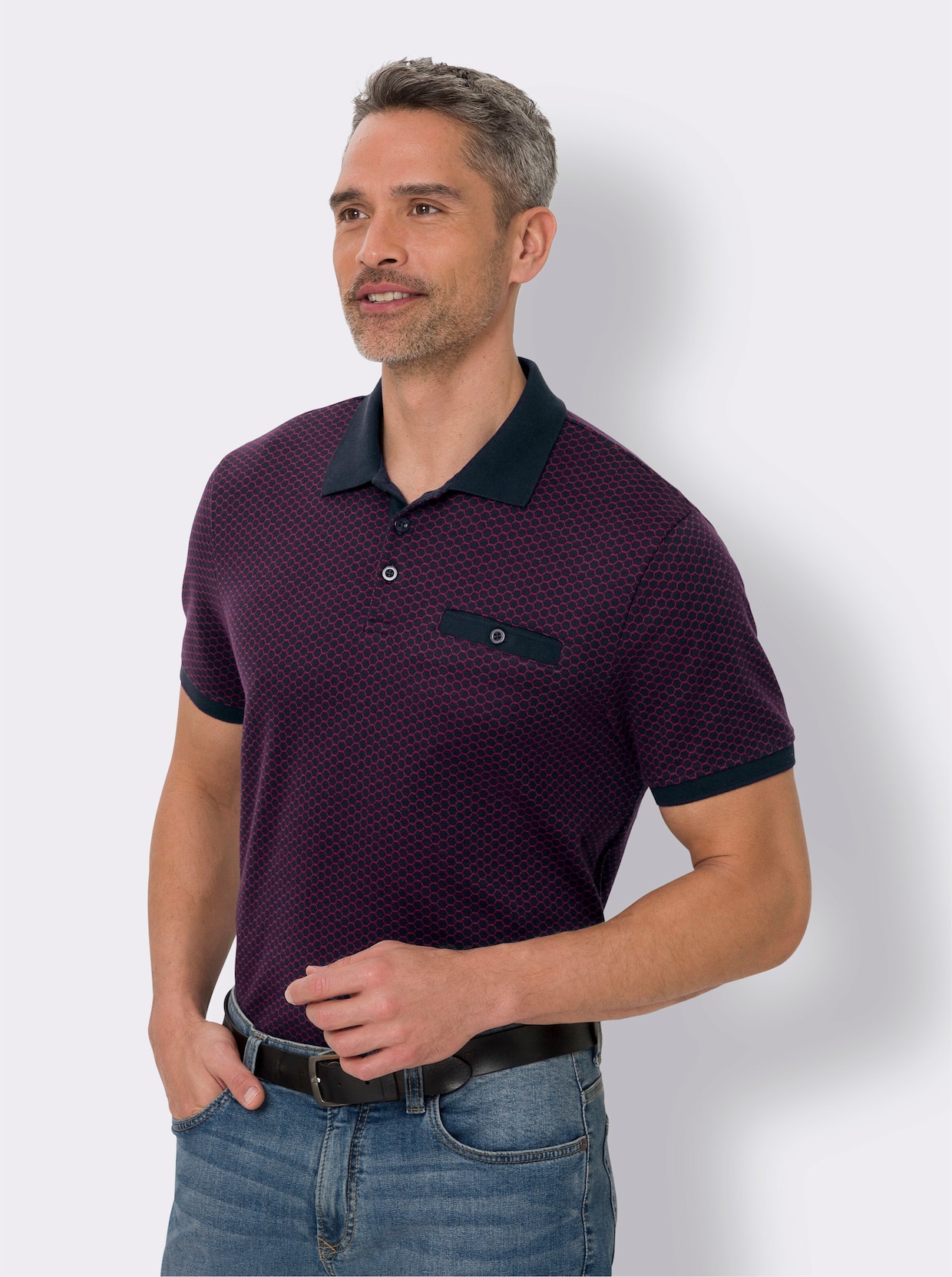 Kurzarm-Poloshirt - marine-kirsche-bedruckt