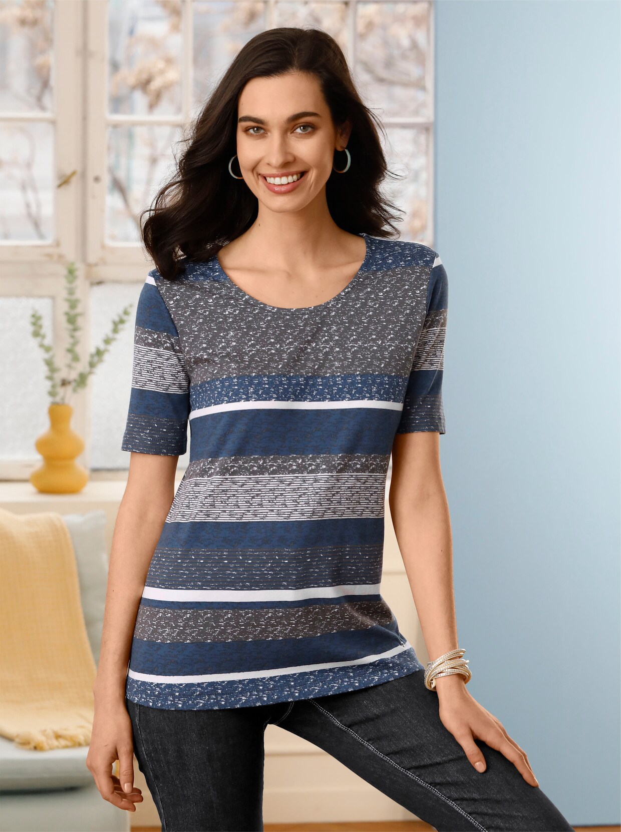 Kurzarmshirt - jeansblau-anthrazit-geringelt