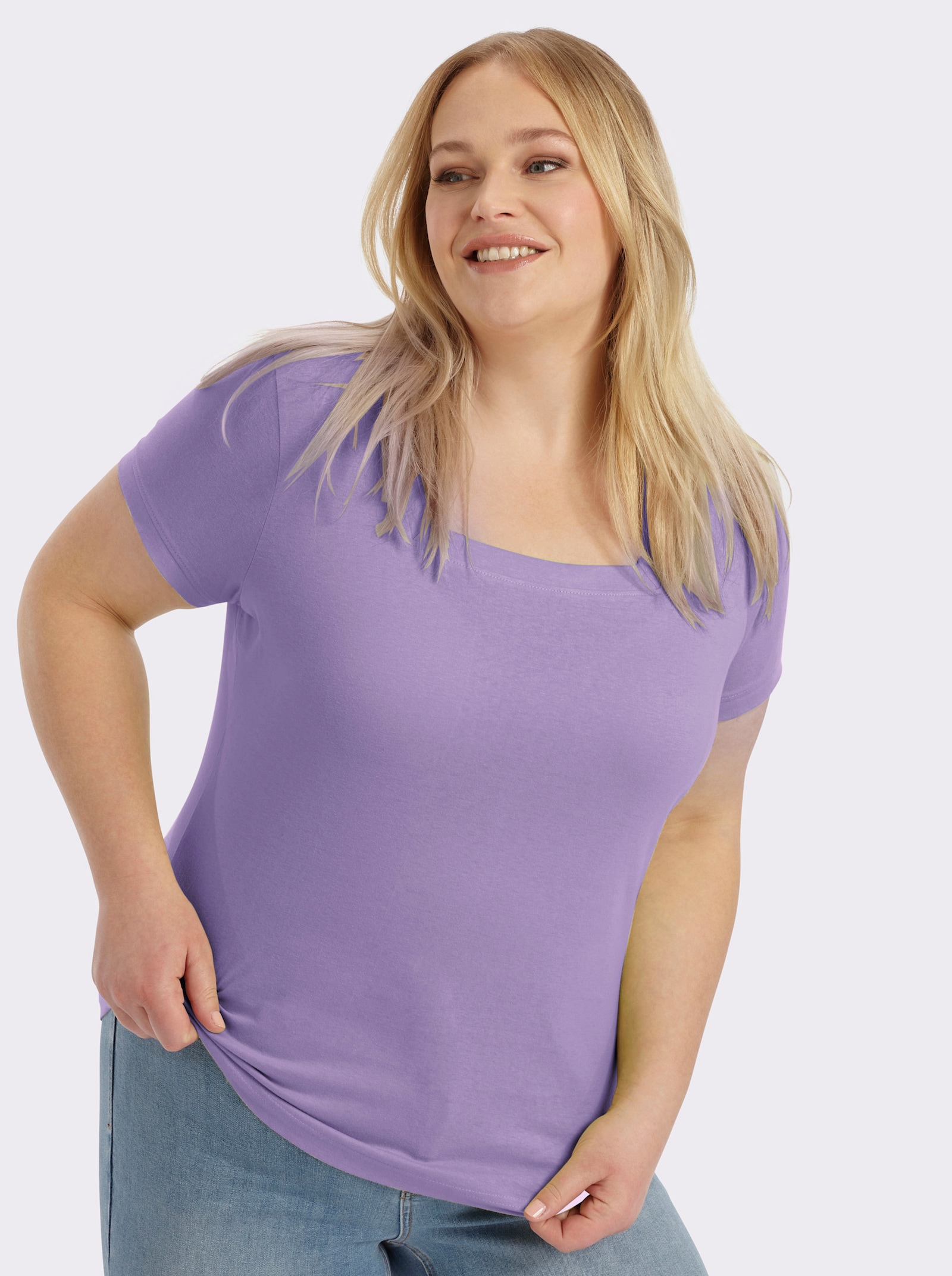 Kurzarmshirt mit Karree-Ausschnitt - lavendel