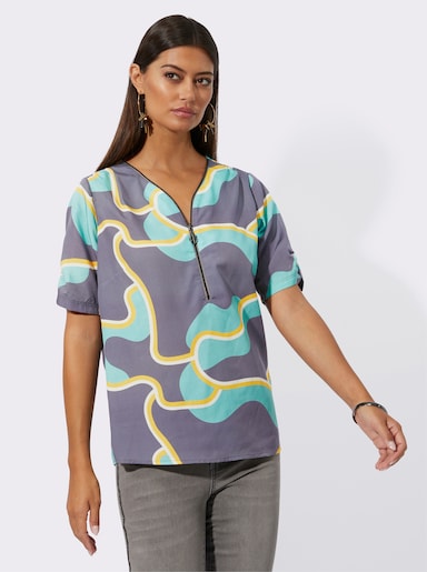 Kurzarm-Bluse mit Reißverschluss am V-Ausschnitt - salbei-anthrazit-bedruckt