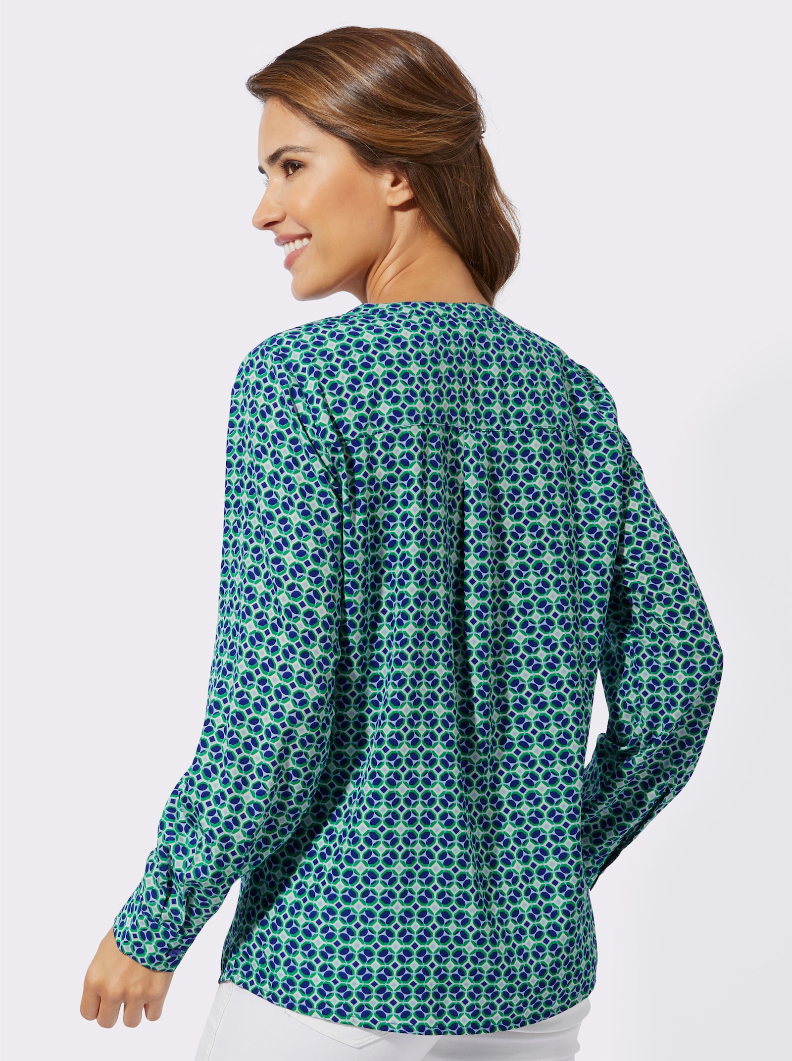 Comfortblouse in langer model, onderhoudsarm - ecru/koningsblauw bedrukt