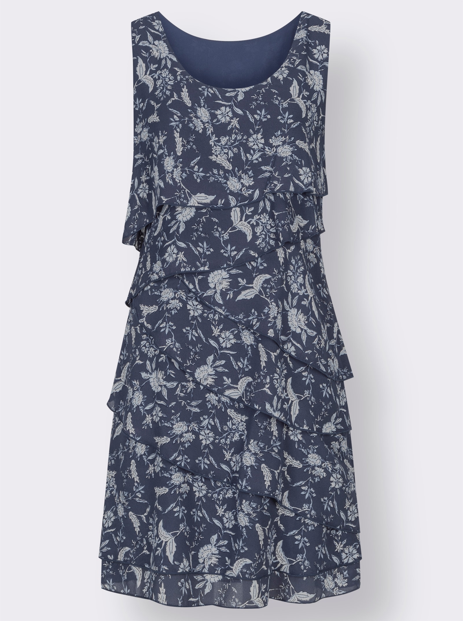 Druckkleid mit Lagen, geblümt - rauchblau-bedruckt