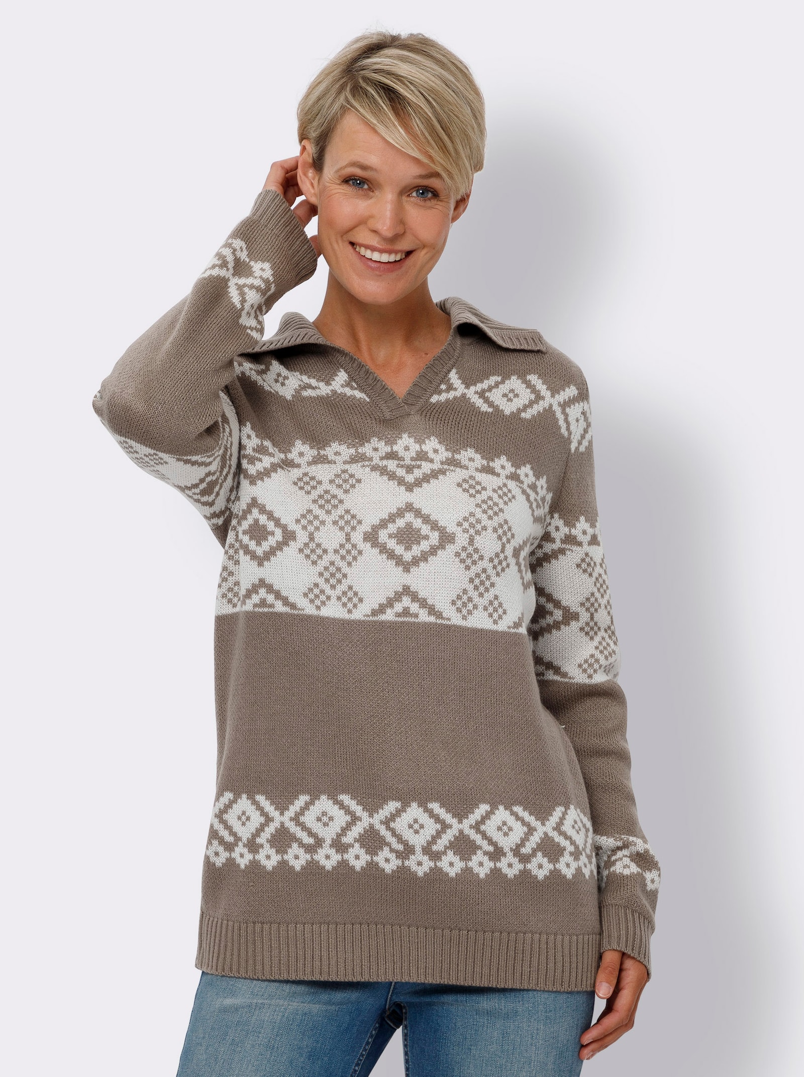 Noorse trui van jacquardtricot - taupe/ecru gedessineerd