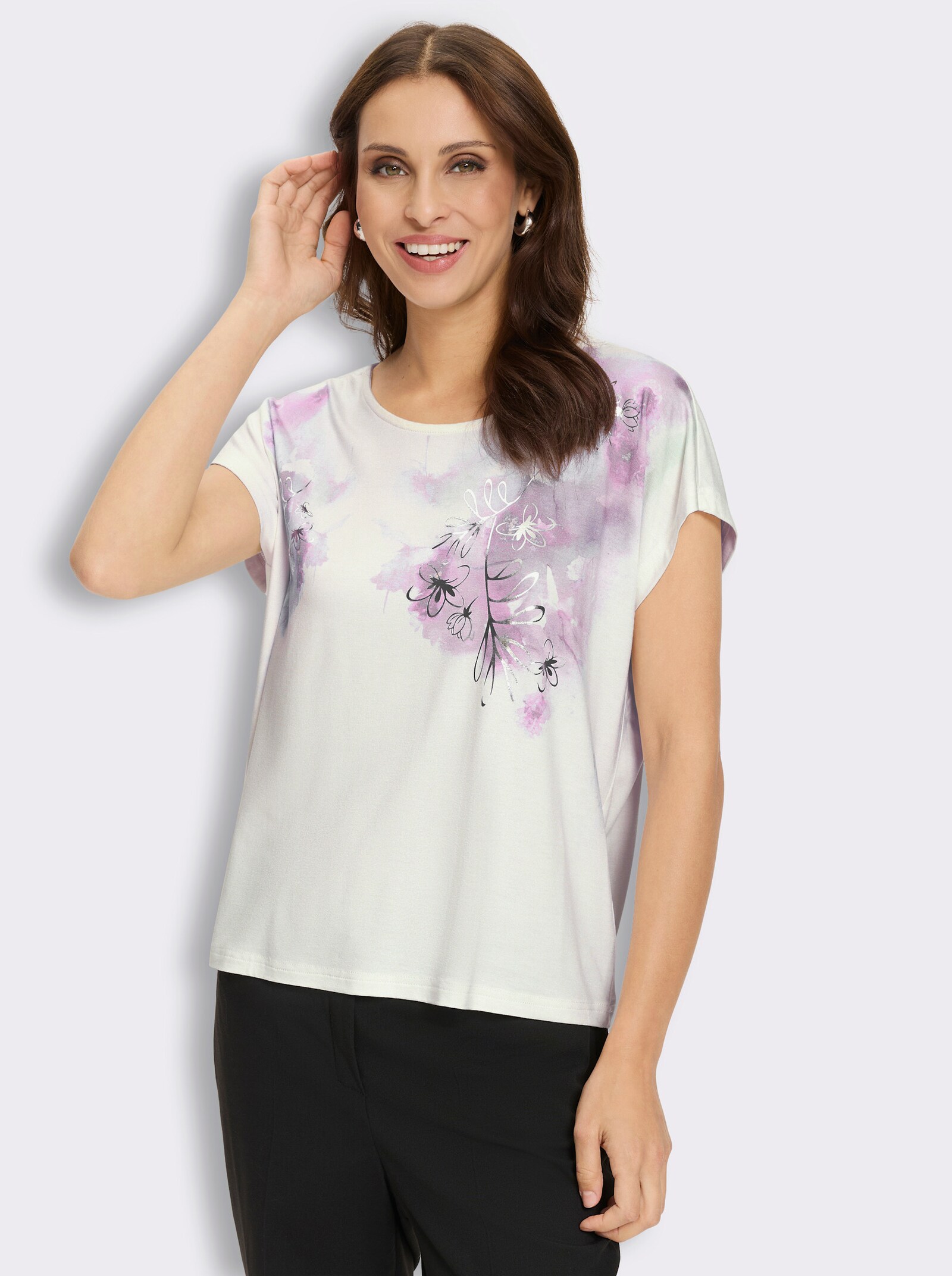 Kurzarmshirt mit siberfarbenem Folienprint - ecru-malve-bedruckt