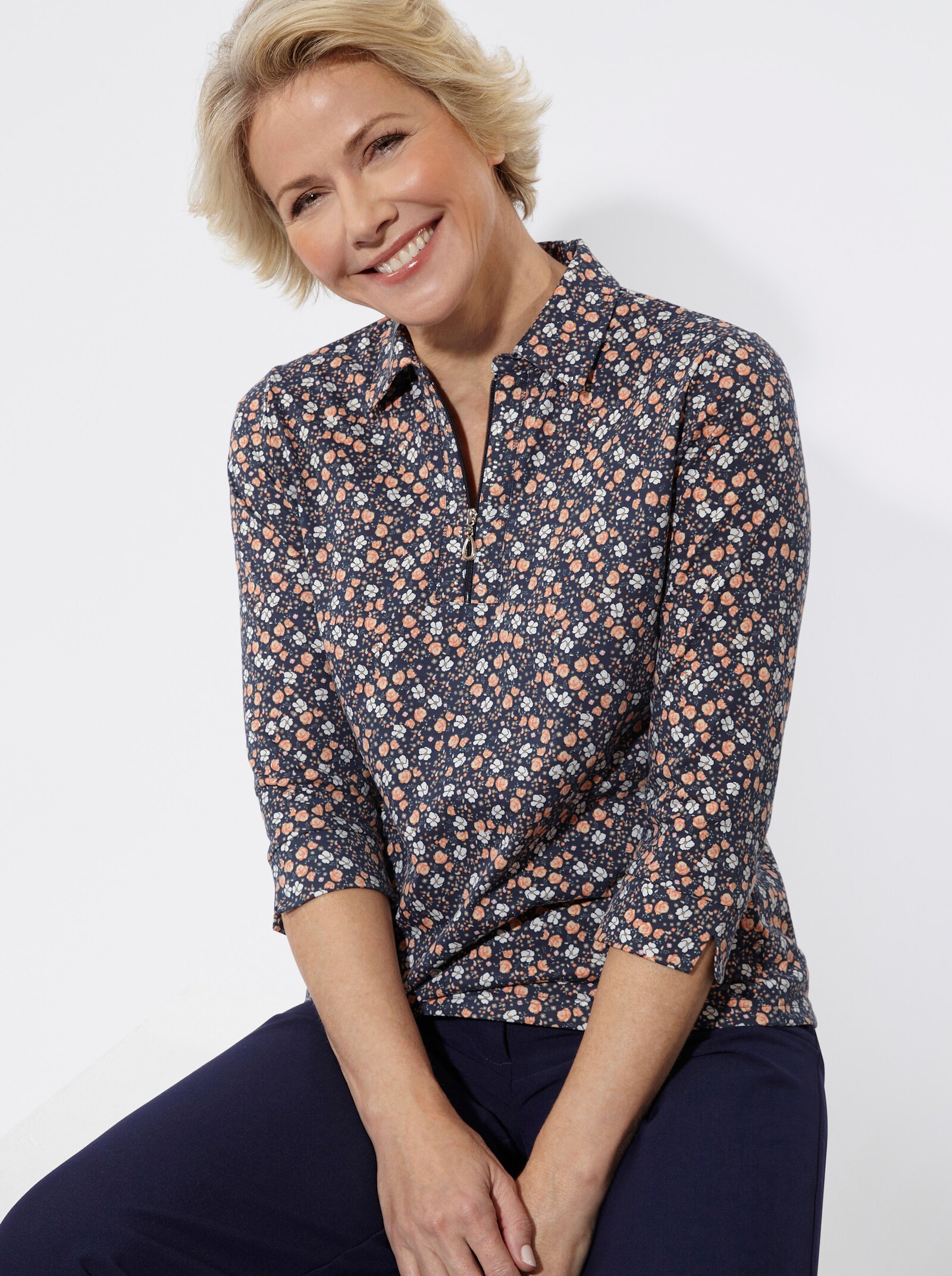 Poloshirt mit Glitzersteinchen - marine-papaya-bedruckt