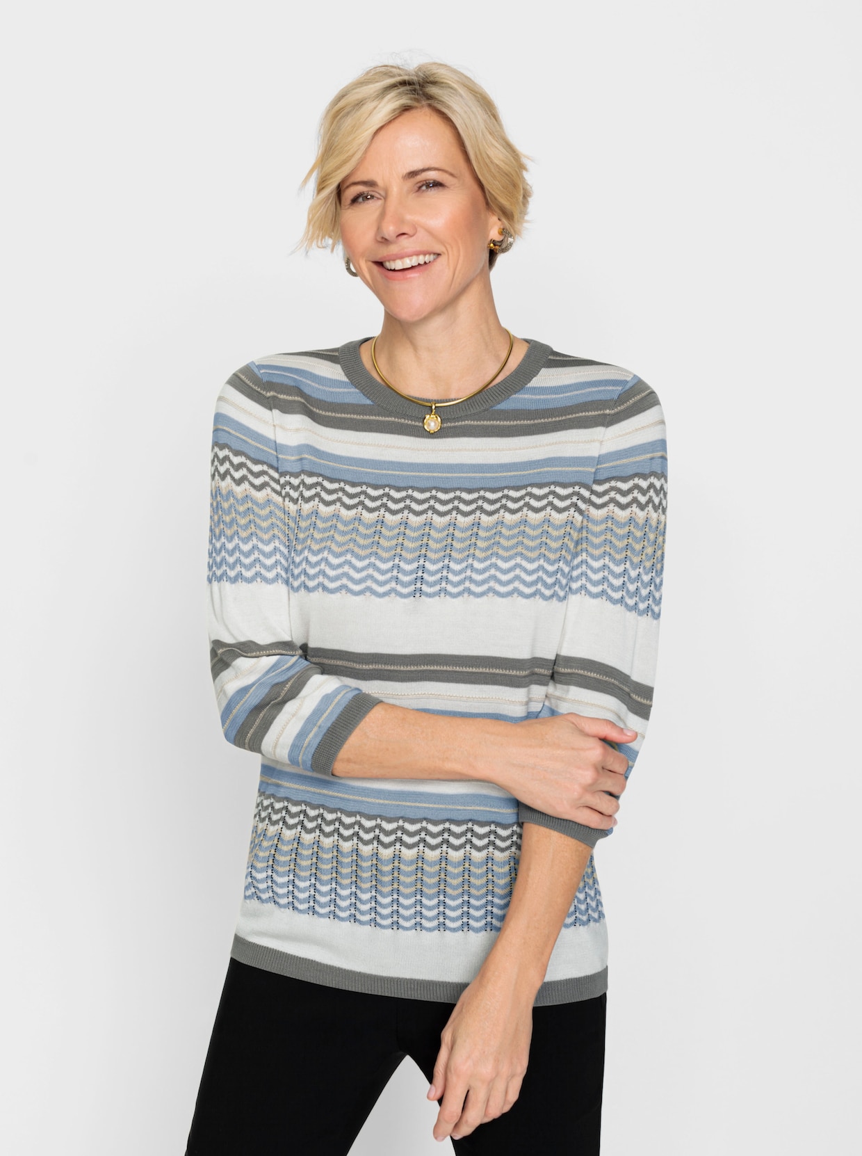 Pullover met ronde hals - bleu/ecru gedessineerd