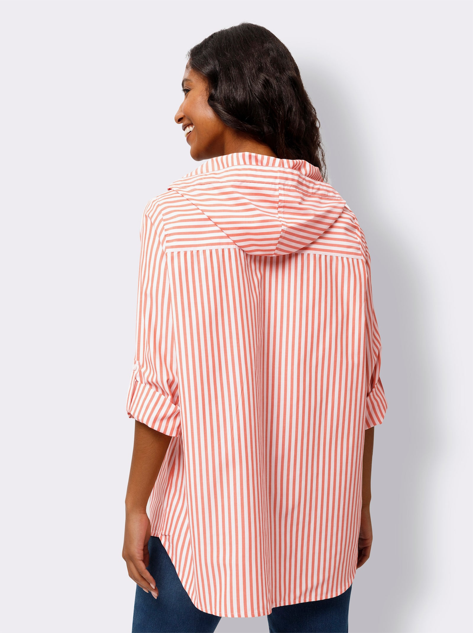 heine Gestreifte Bluse mit Kapuze - orange-ecru-gestreift