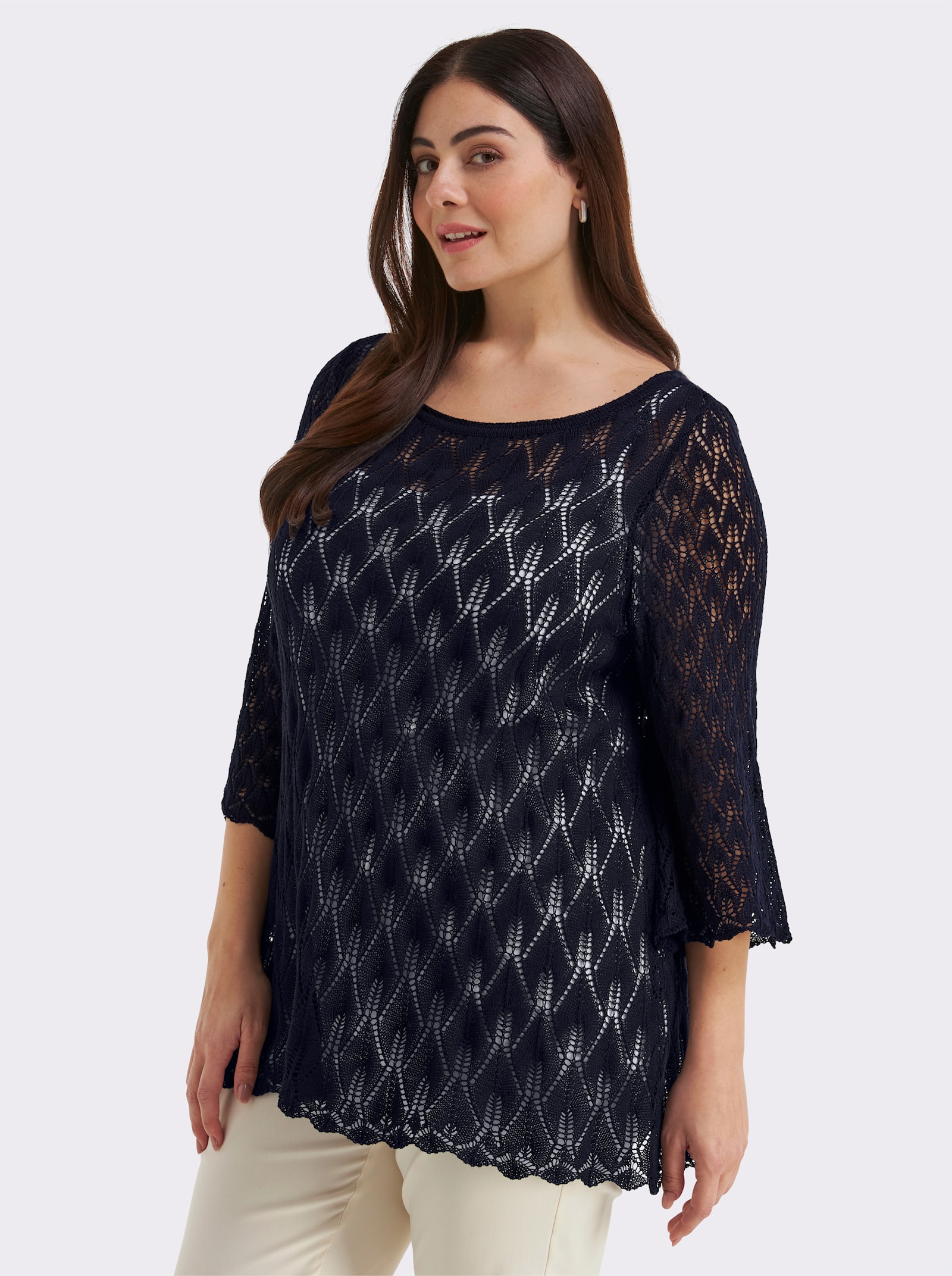 sheego Ajourpullover mit 3/4-Trompetenärmeln - tiefblau