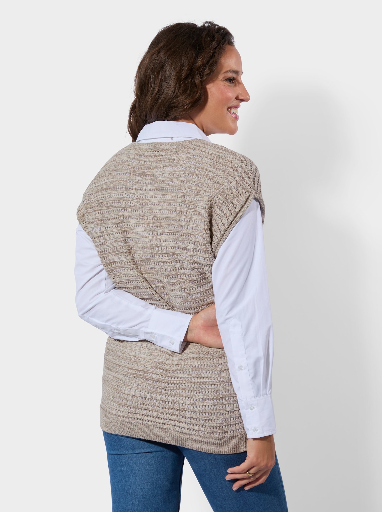 Slip-over met ajourtricotpatroon - zand gemêleerd