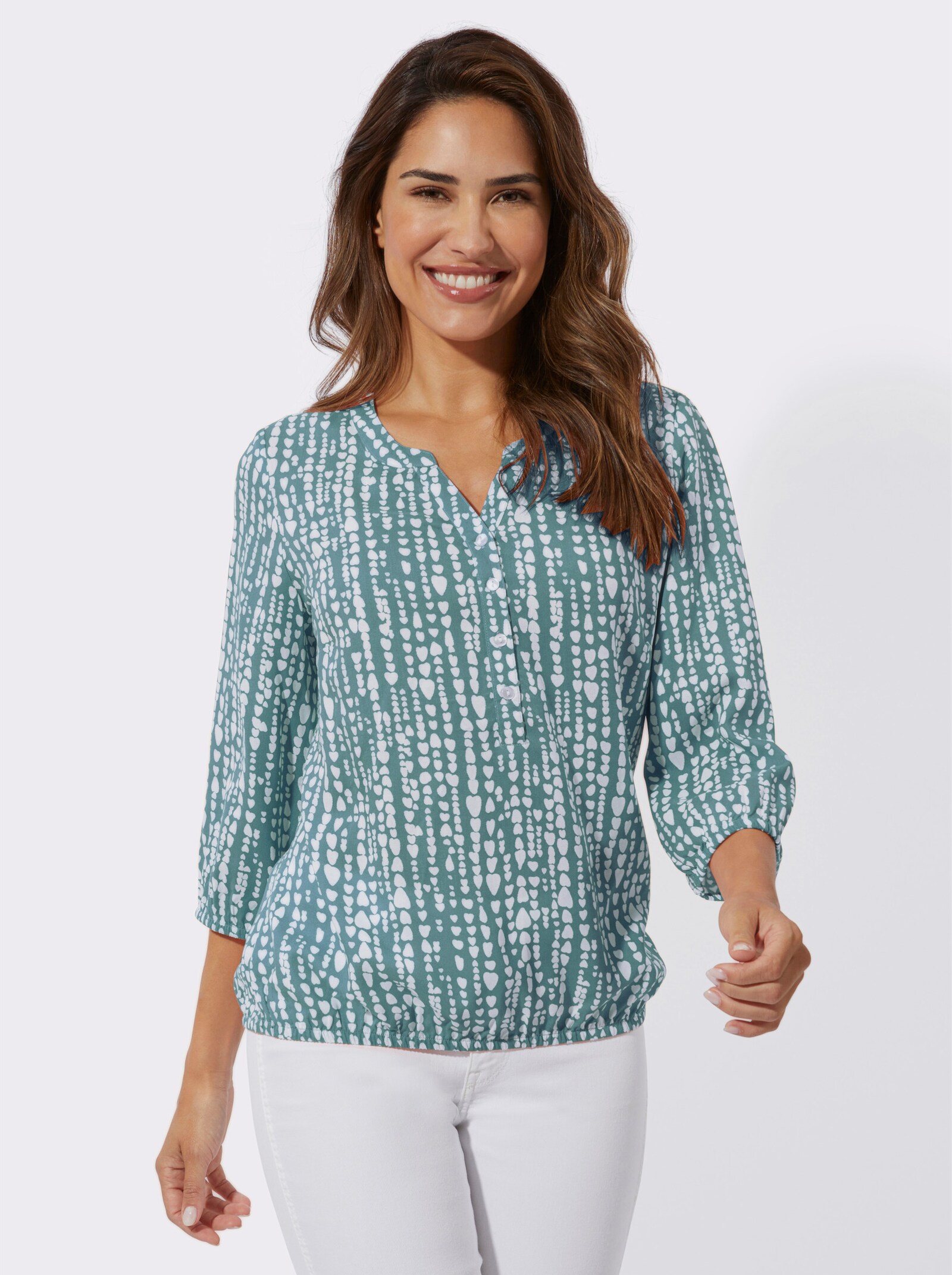 Blouse met print en hartjespatroon, viscose - jade/wit geprint