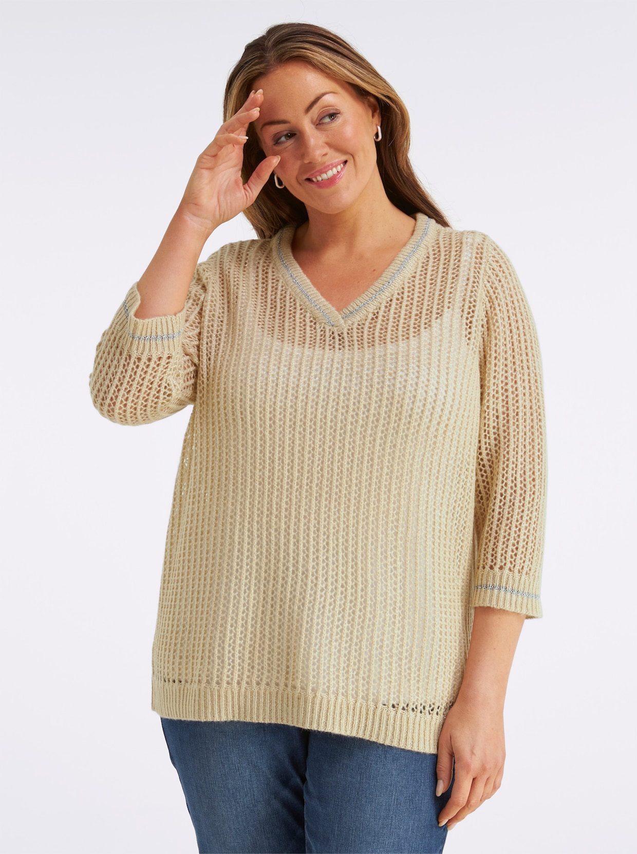 sheego Ajourpullover mit Glitzergarn - sand